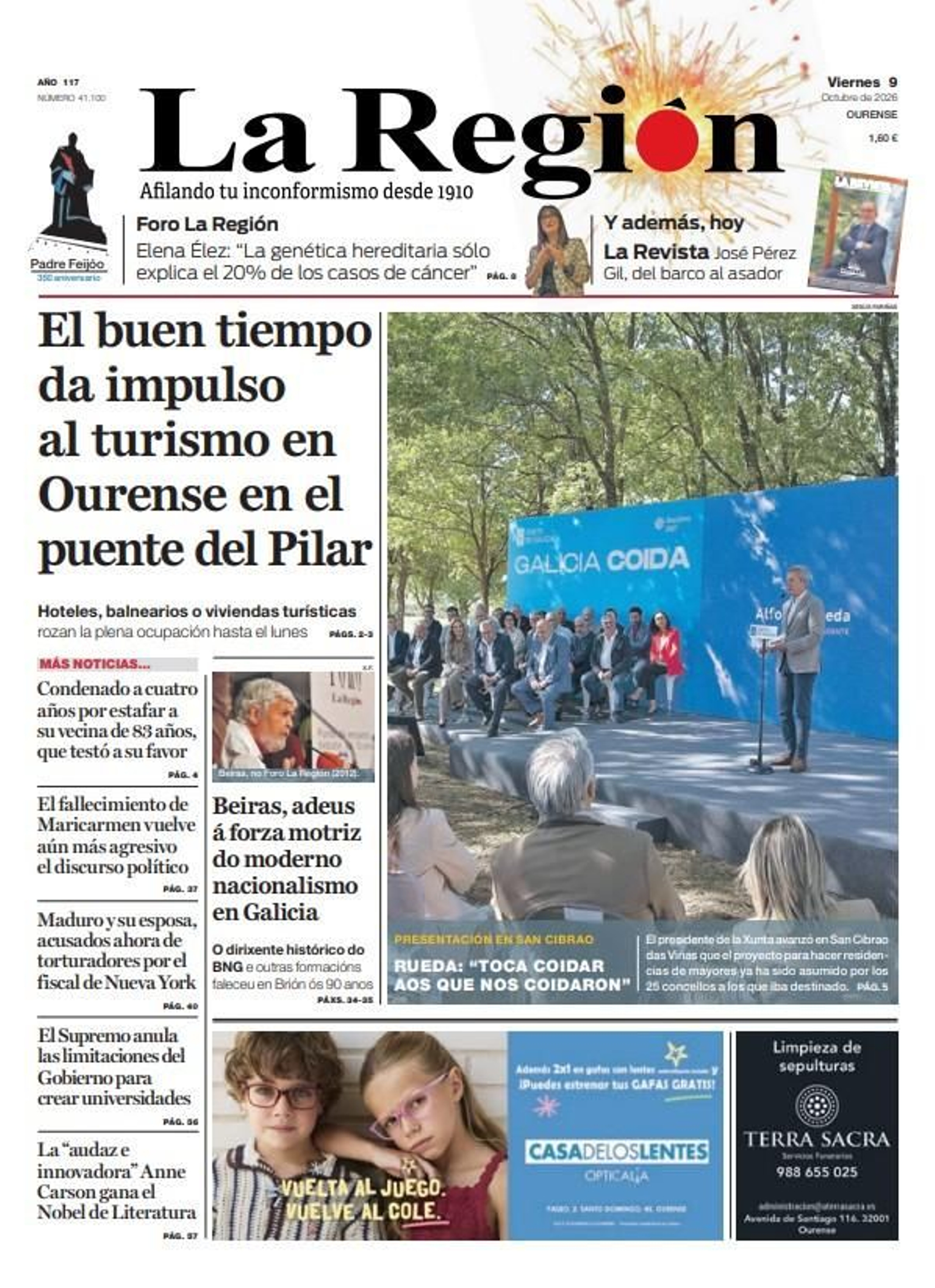 La portada de La Región de este viernes, 9 de octubre.