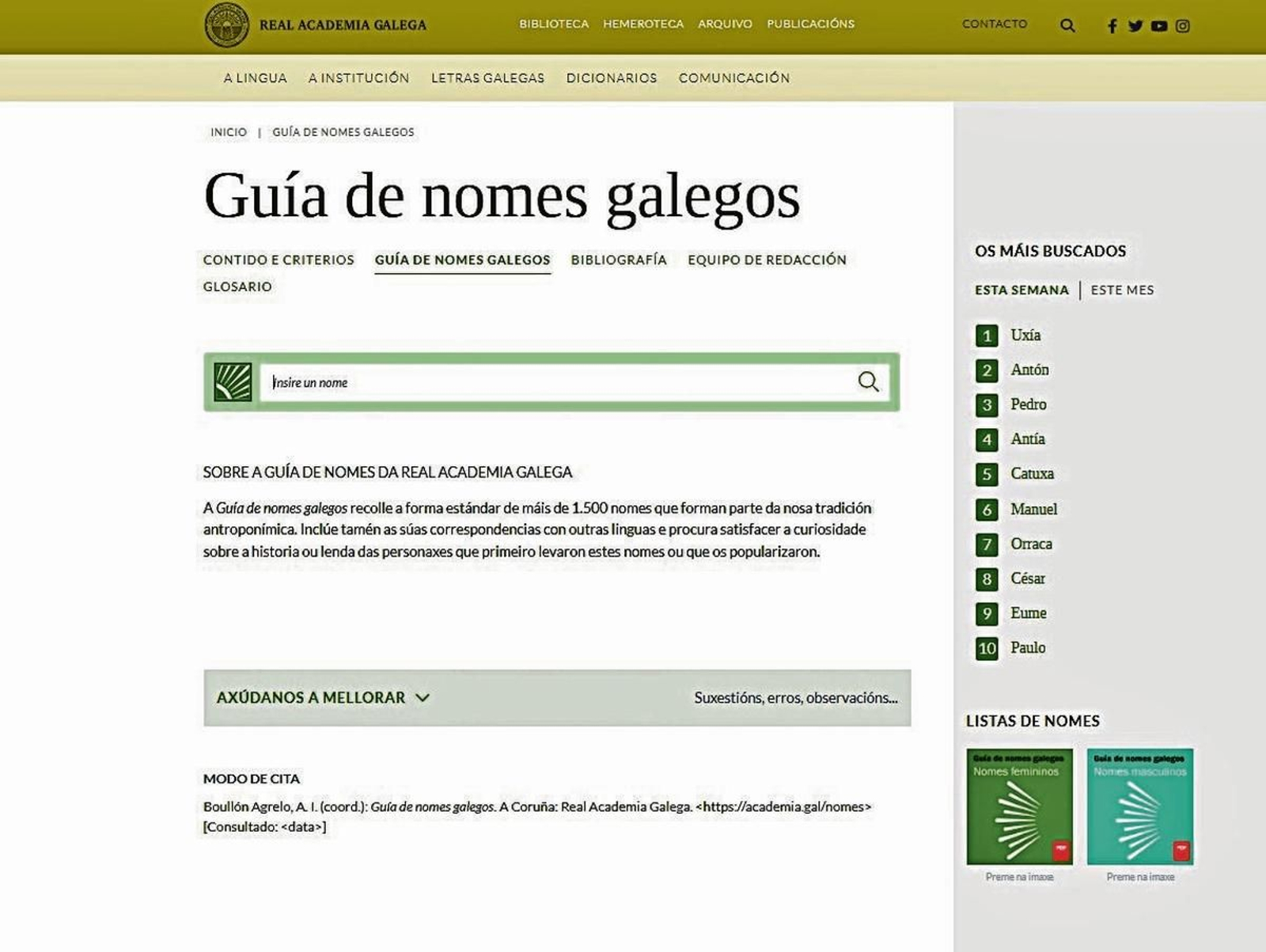 Páxina principal da “Guía de nomes galegos” na web da RAG.