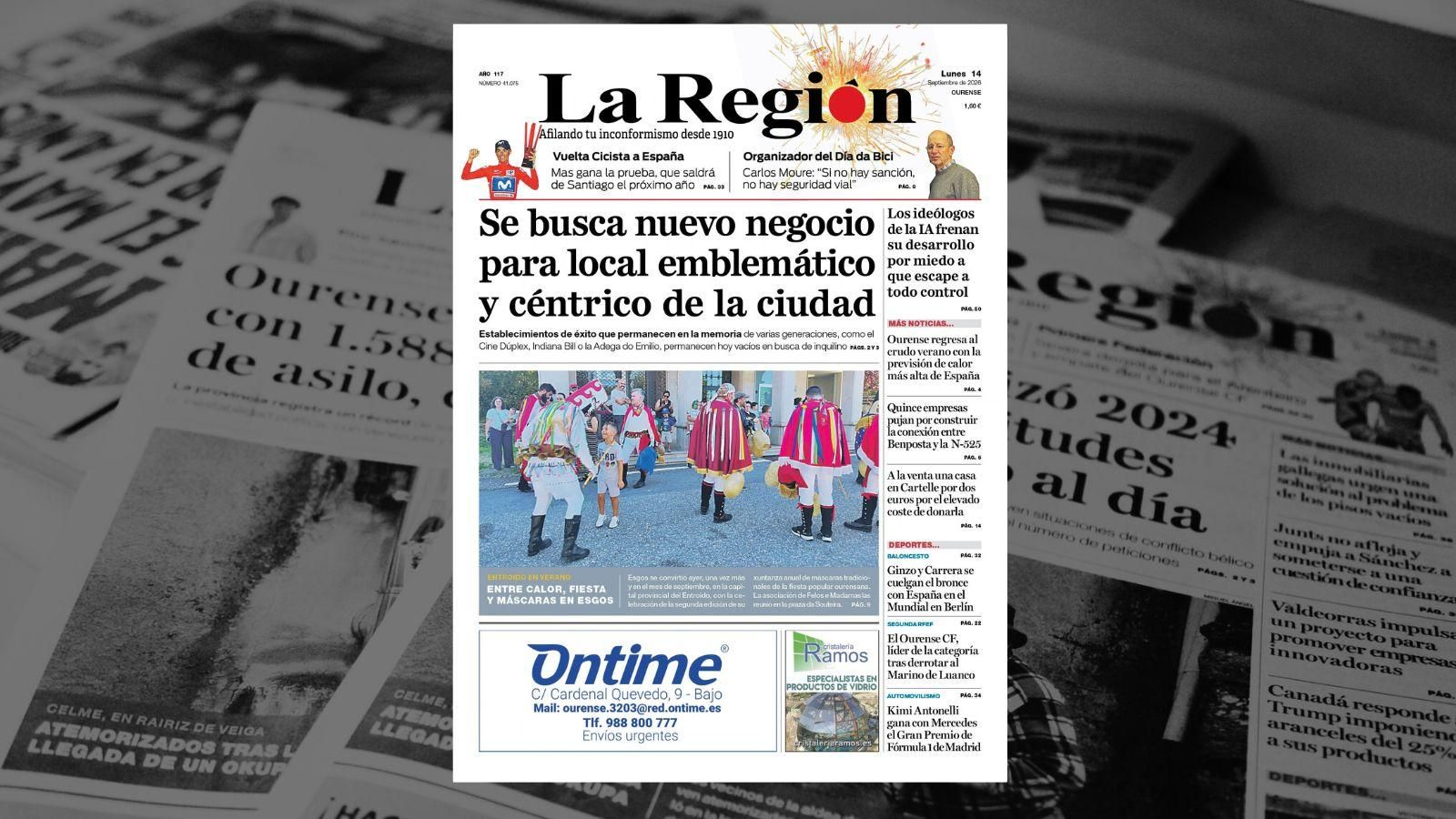 La portada de La Región de este lunes, 14 de septiembre.