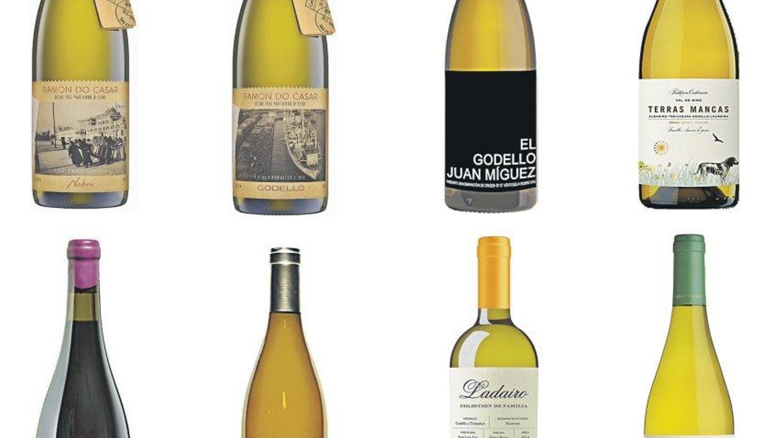 Arriba, de izquierda a derecha, Ramón do Casar Nobre, Ramón do Casar Godello y El Godello de Juan Míguez, los tres ribeiros con gran oro, seguidos de Terras Mancas, de la IGP Val do Miño. Debajo, también por la izqda., Corga ecológico (Ribeira Sacra), Abeledos y Ladairo Colección de Familia, grandes oros de Monterrei, y el ribeiro Terra do Castelo, oro.