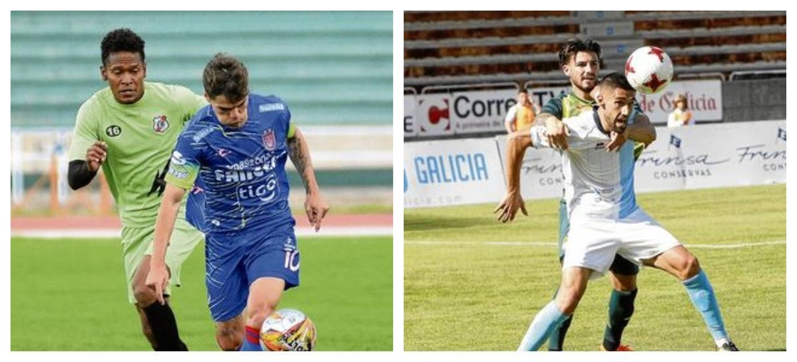 El mediapunta Bruno Pascua, en su época en Bolivia, en la derecha. A la izquierda, Rober Fernández con la SD Compostela.