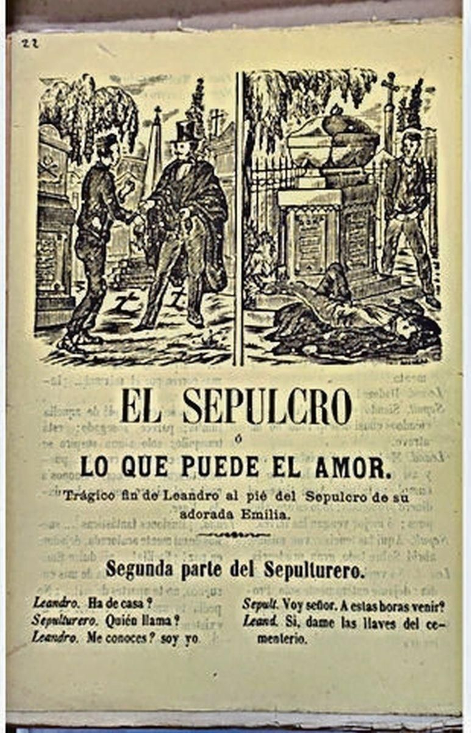Diálogo entre el sepulturero y Leandro antes de caer éste muerto ante el sepulcro de su adorada Emilia.