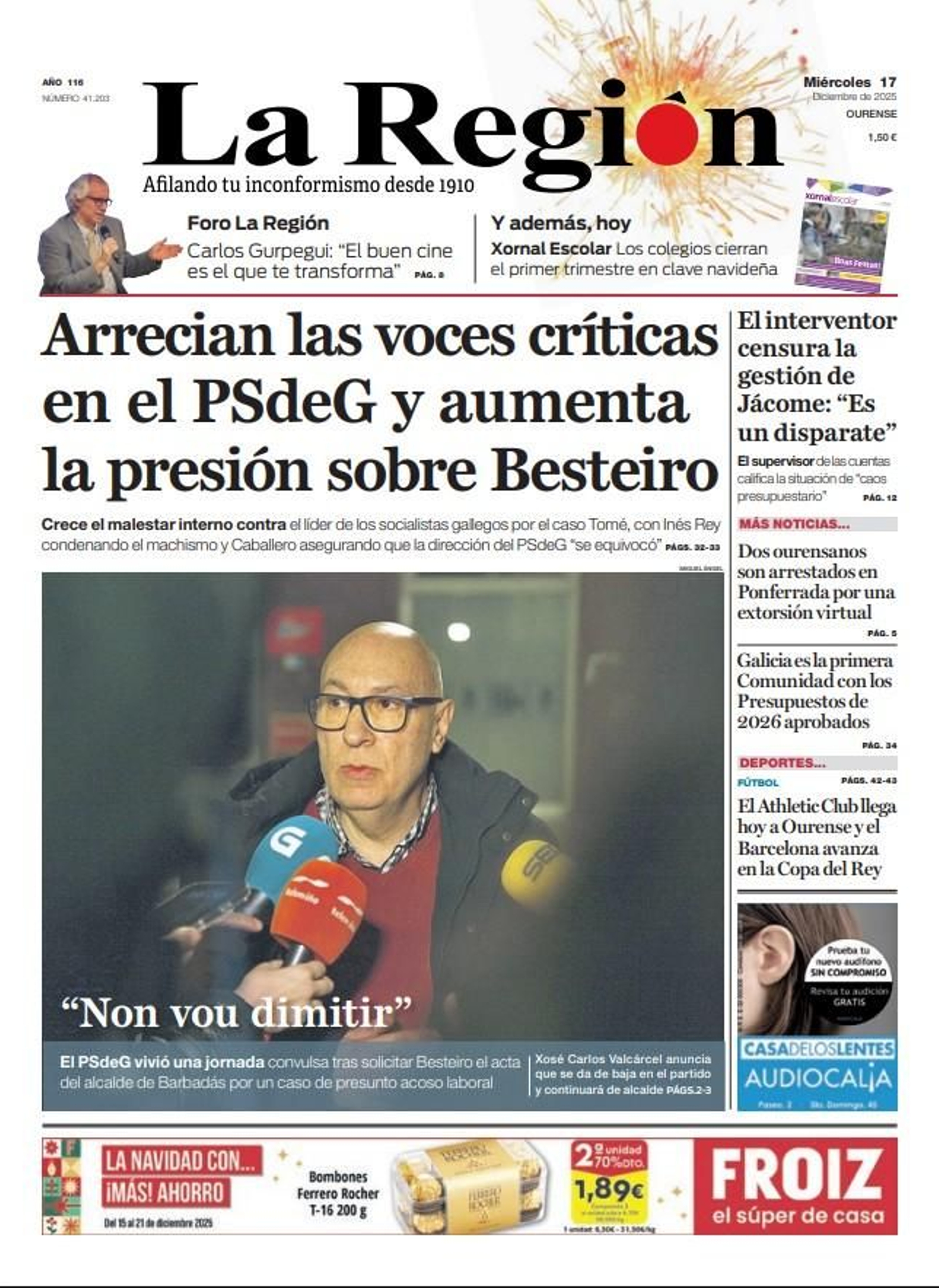 Portada de La Región de este miércoles, 18 de diciembre