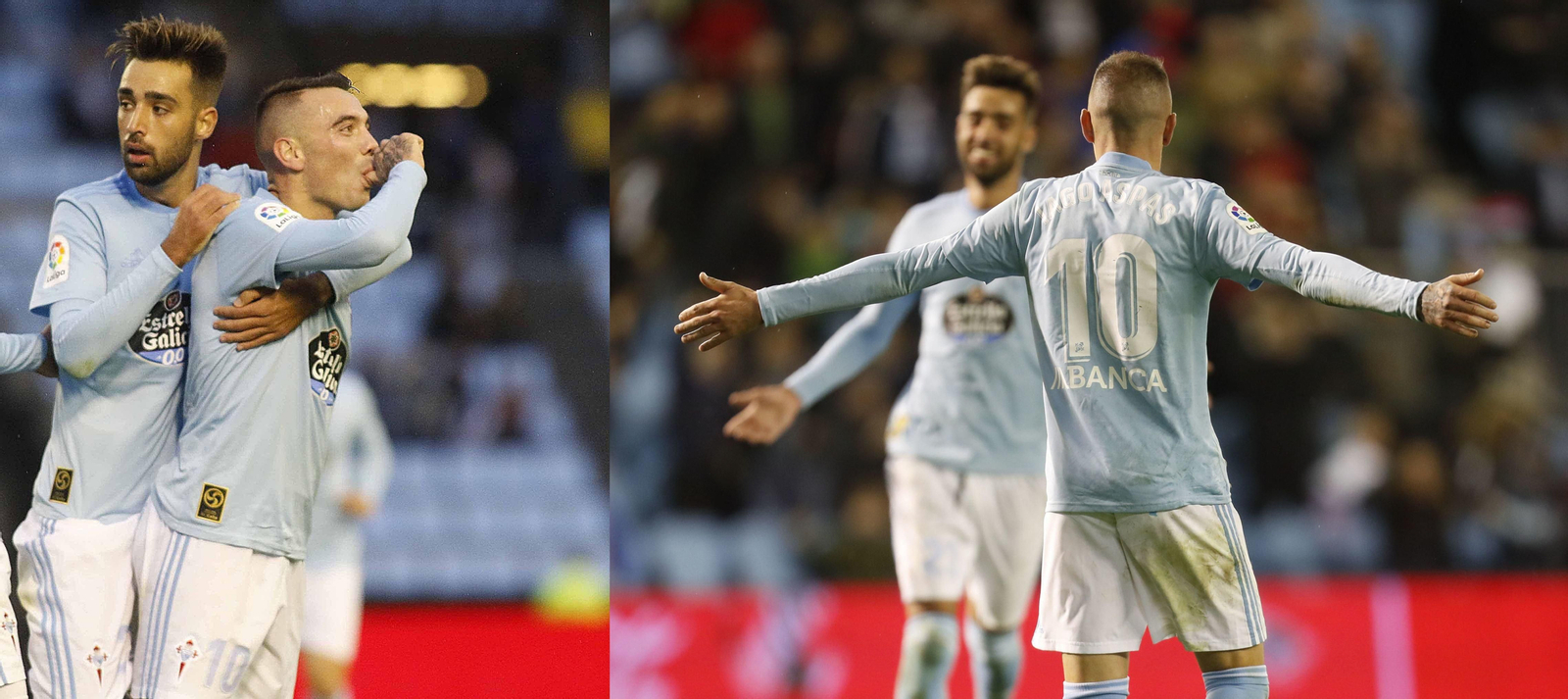 Iago Aspas festeja con Brais uno de los tres goles ayer en Balaídos, que  se los dedicó a su recién nacida hija Mía