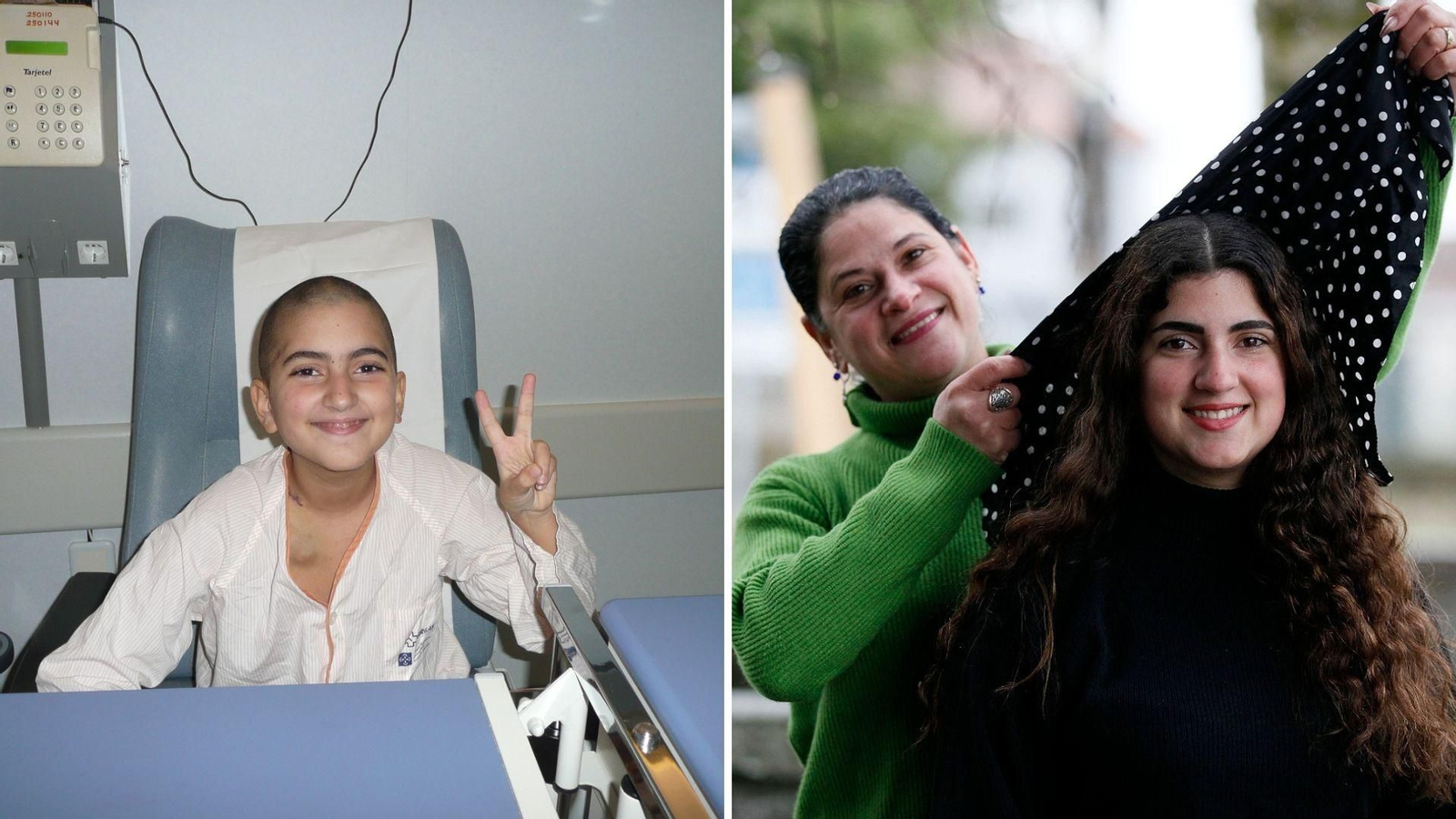 A la izquierda, La primera imagen de Rosángela después de raparse el pelo tras los efectos de la quimioterapia. A la derecha, ella con su madre, "supervivientes en plurar" 17 años después