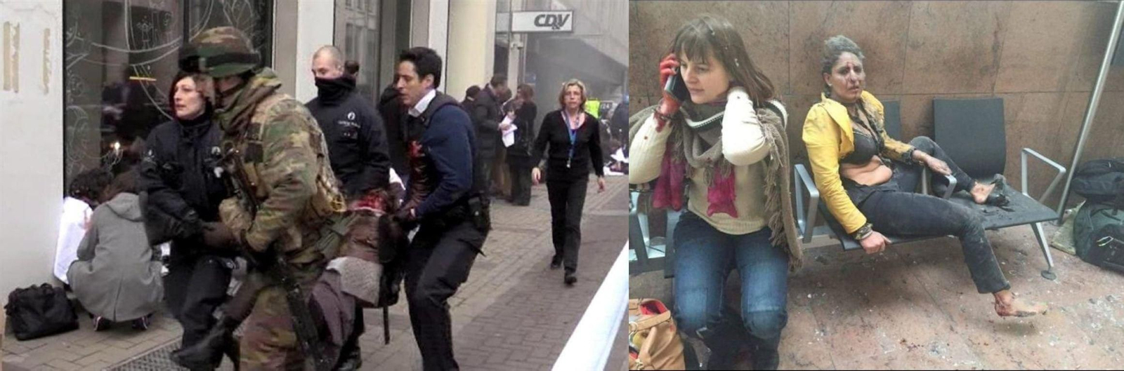 Agentes de Policía socorren a una víctima de la explosión en la estación de metro de Malbeek y dos mujeres heridas en el aeropuerto internacional de Bruselas