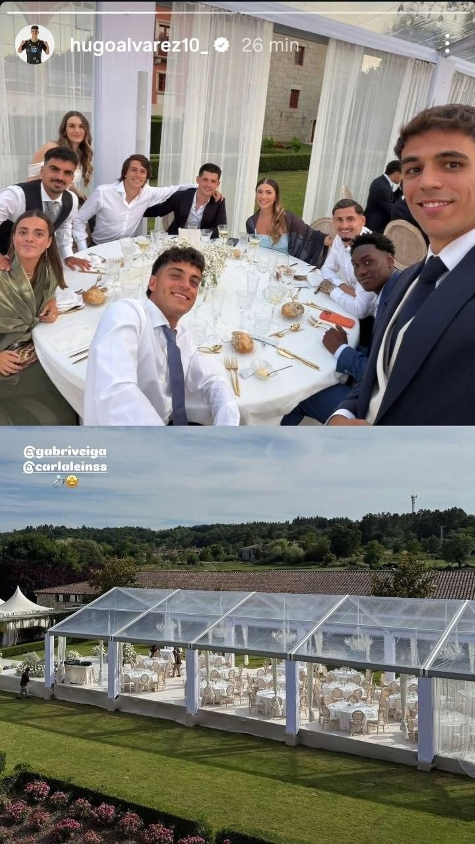 Foto de Gabri Veiga y Carla Leins con los invitados de la mesa en la que estuvo Hugo Álvarez, que compartió el momento en sus redes.