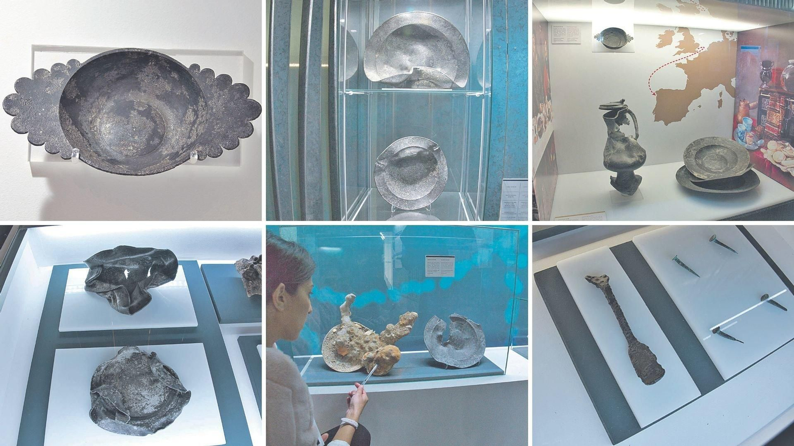 Arriba, a la izquierda, la escudilla con la rosa de Tudor, junto a otros ejemplos de piezas de peltre.