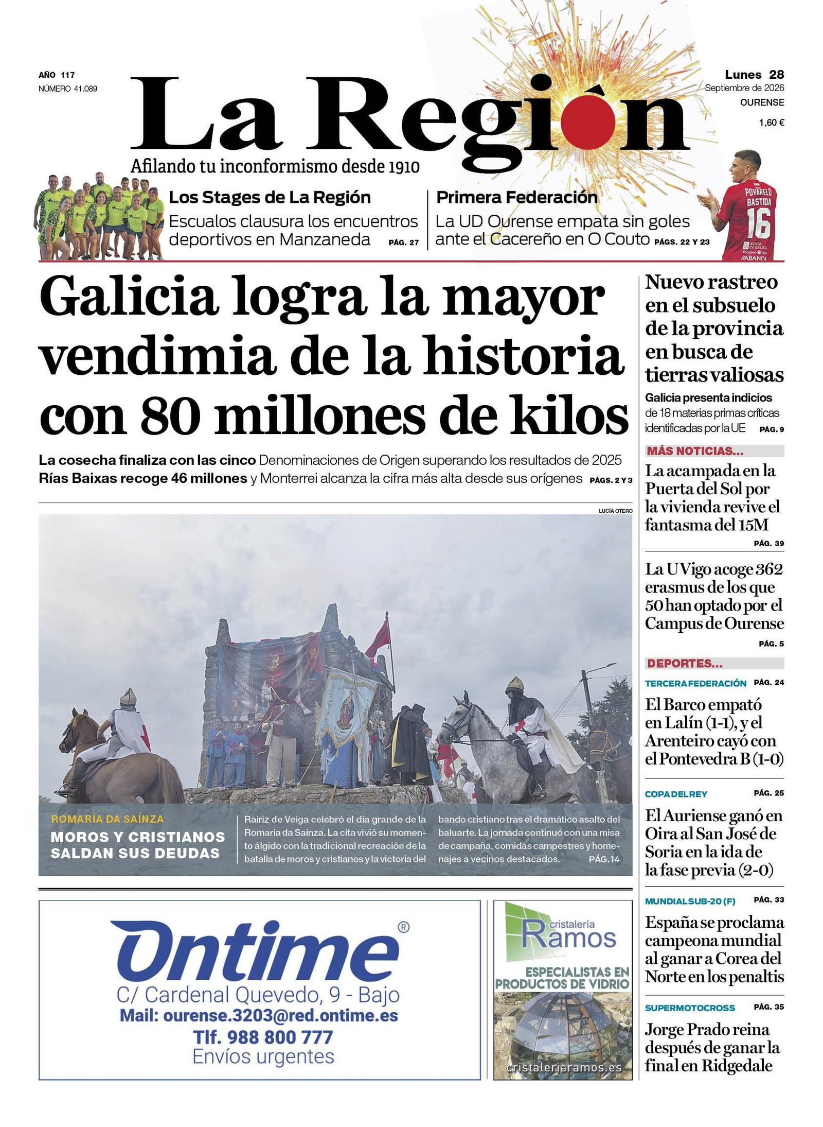 La portada de La Región de este lunes.