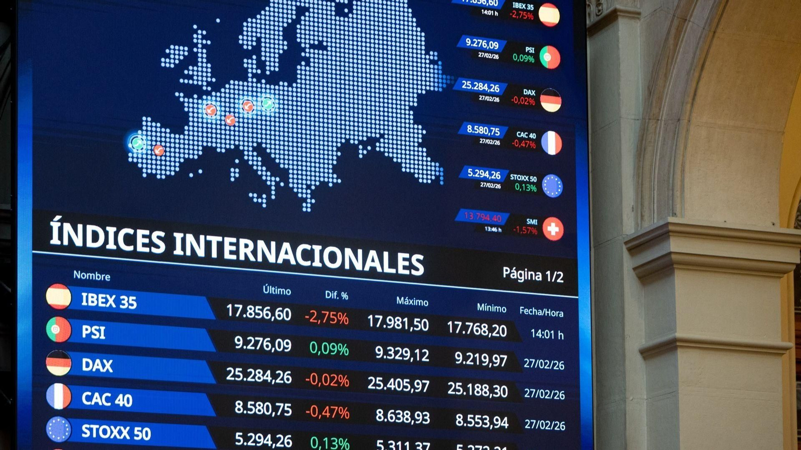 Paneles informativos en el Palacio de la Bolsa de Madrid este martes.