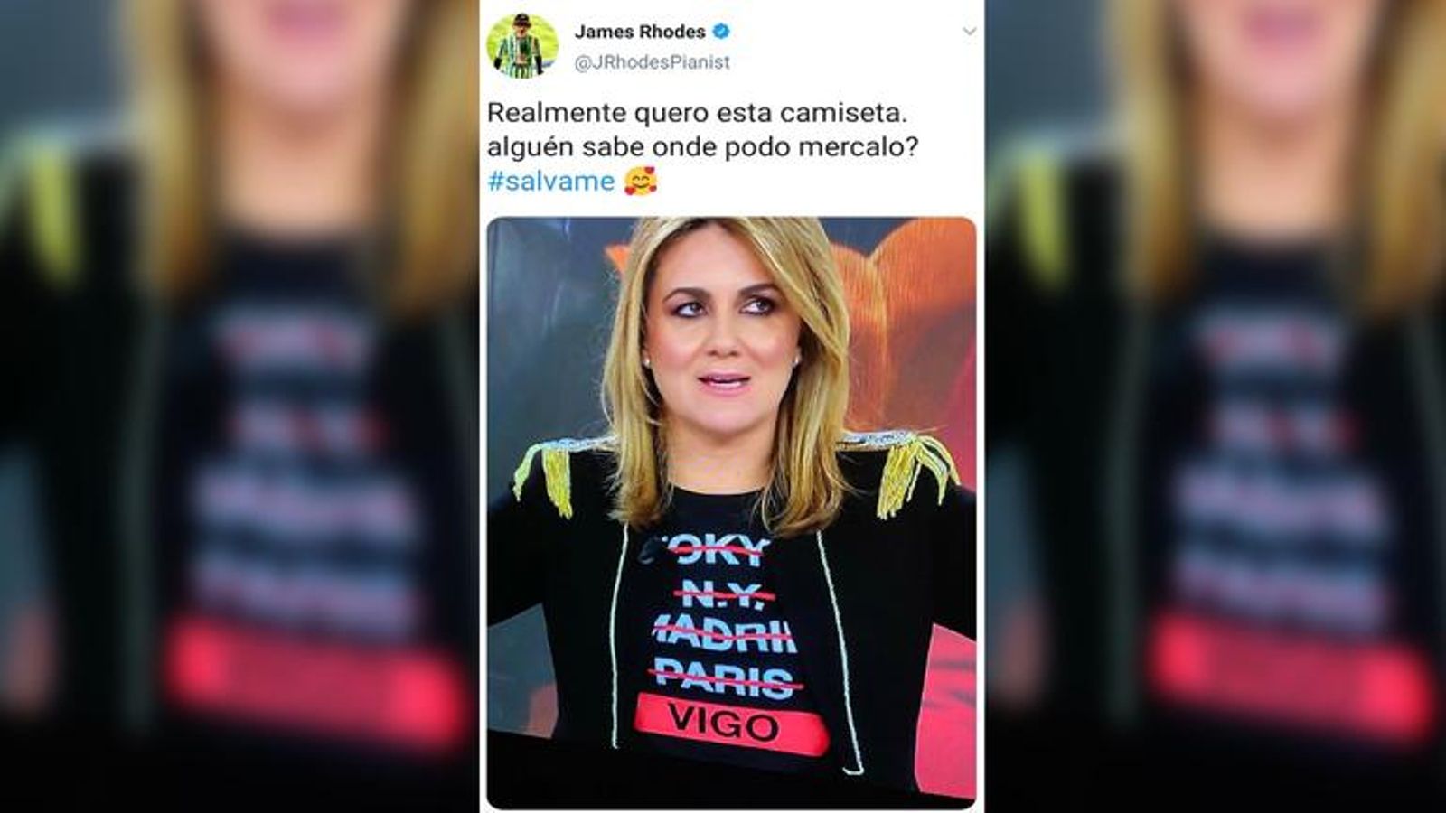 Carlota Corredera con camiseta de Vigo en el Twitter de James Rhodes.