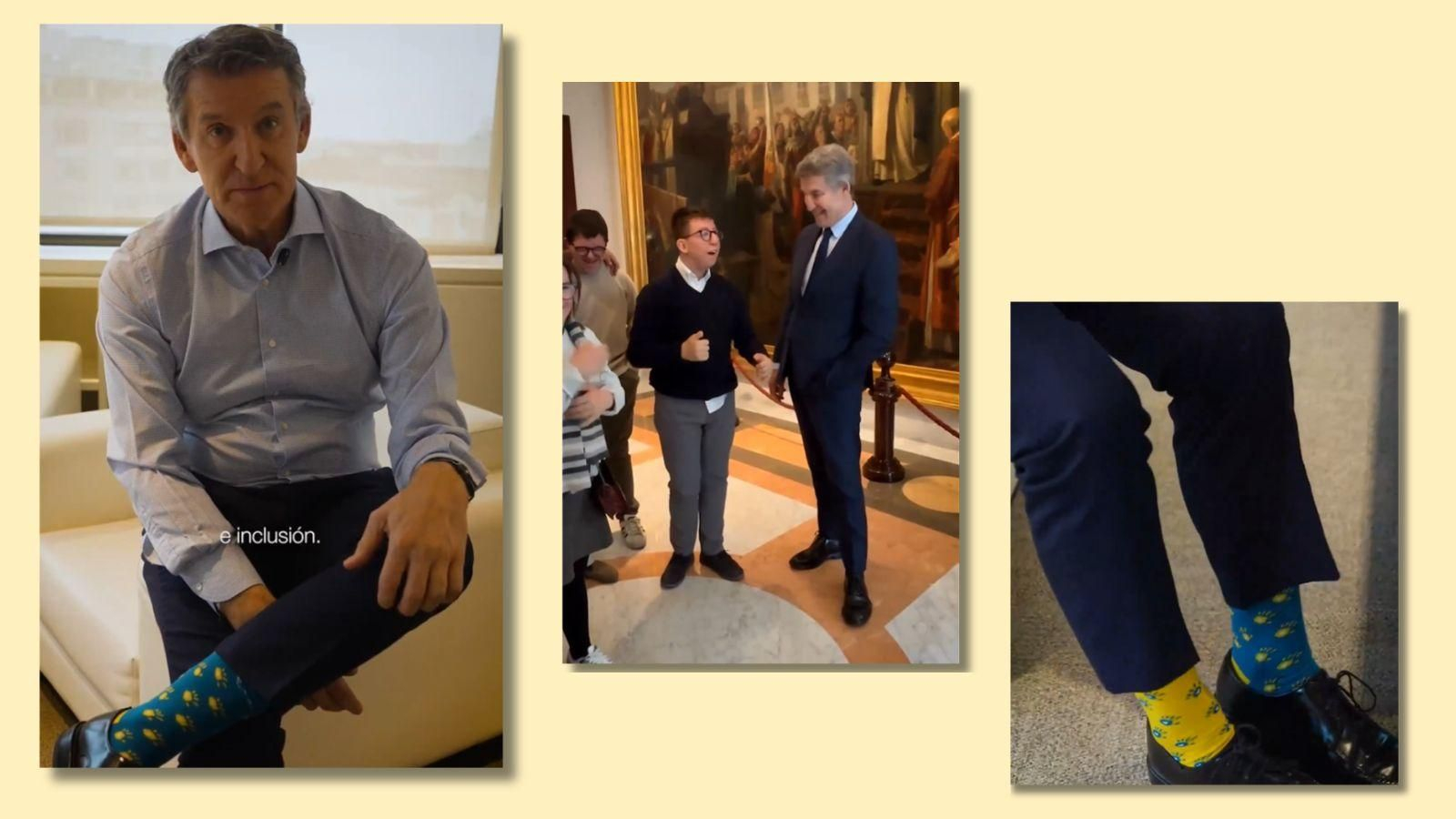 Alberto Núñez Feijóo muestra sus calcetines desparejados en el Congreso, un gesto simbólico de apoyo a la inclusión y visibilidad del Día Mundial del Síndrome de Down.