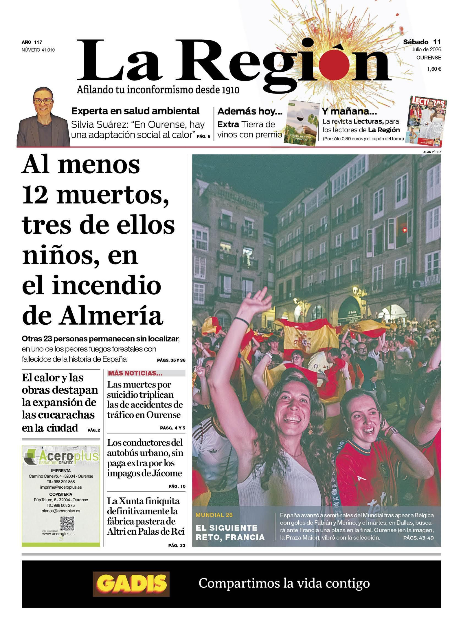 La portada de La Región de este sábado, 11 de julio.