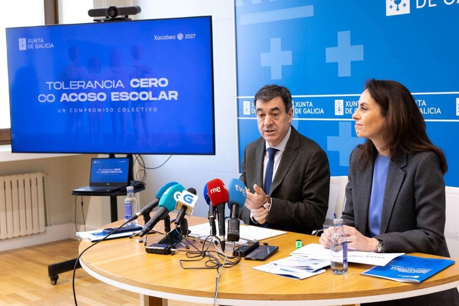 El titular de Educación del Gobierno gallego, Román Rodríguez, en la presentación de la campaña de la Xunta.