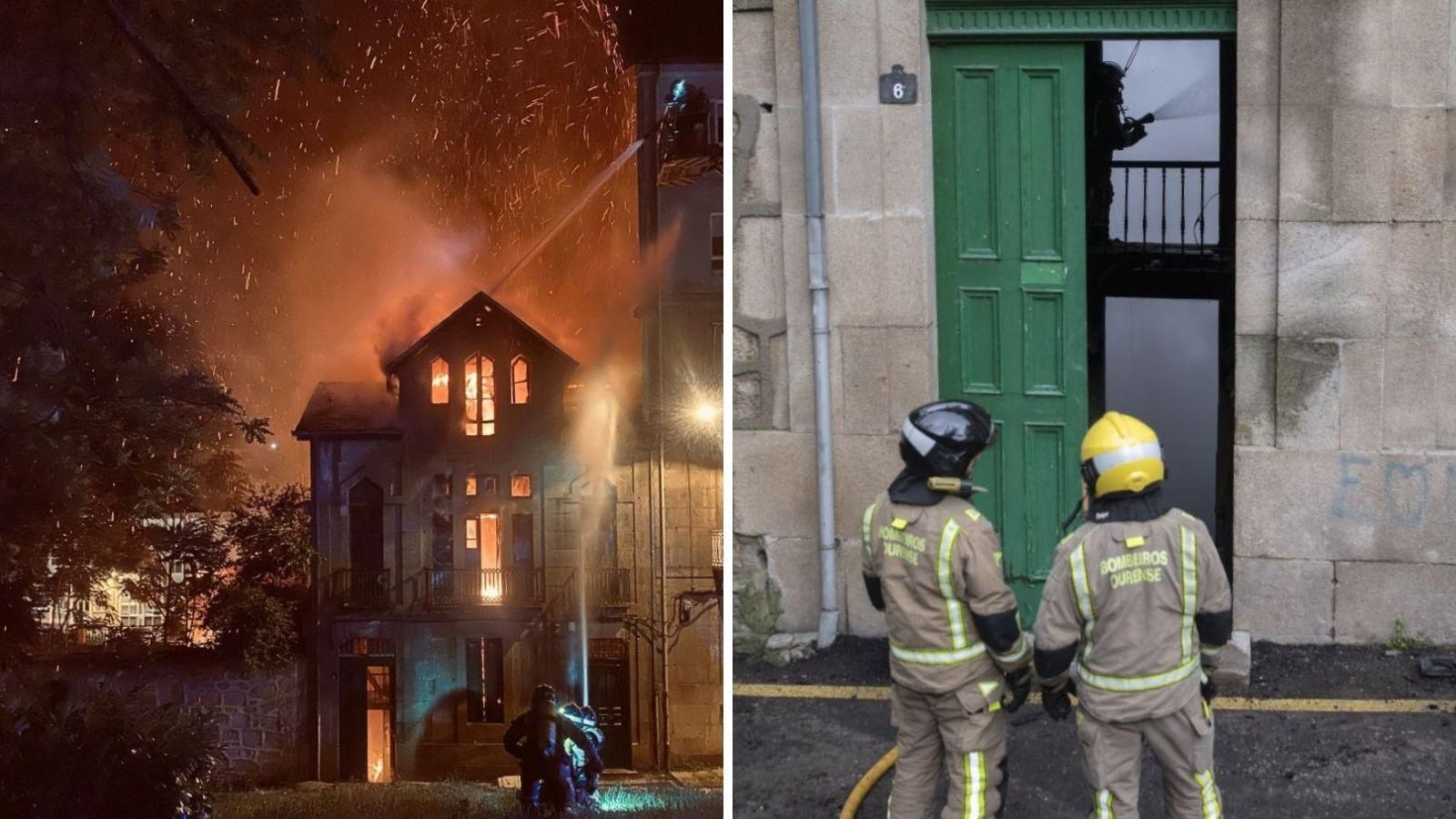 A la izquierda, el edificio en llamas en plena noche. A la derecha, los bomberos sofocando rescoldos por la mañana.
