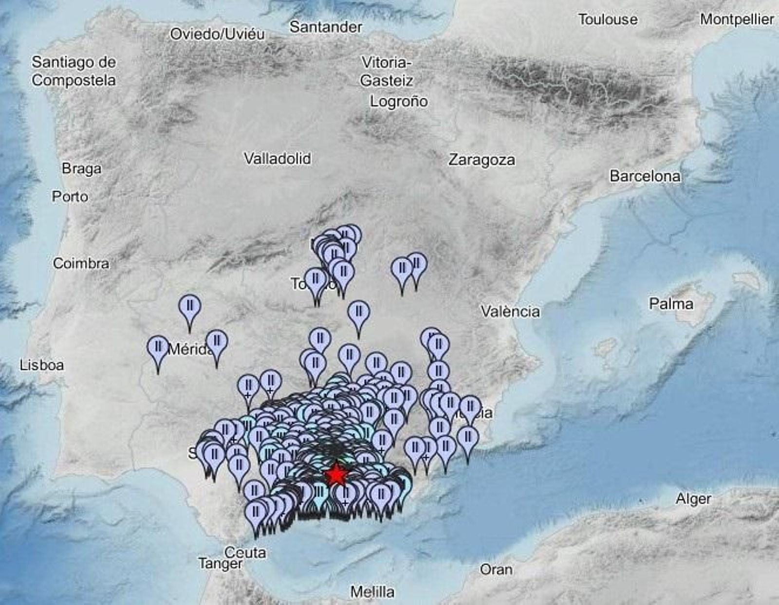 Mapa de zonas afectadas por el terremoto de Granada.