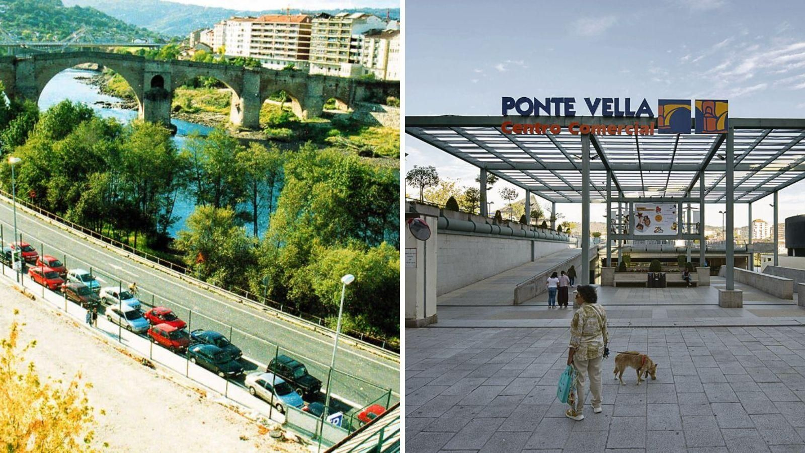 Largas colas de coches para acceder al Ponte Vella, en octubre de 2001 y entrada peatonal principal al complejo, hoy.