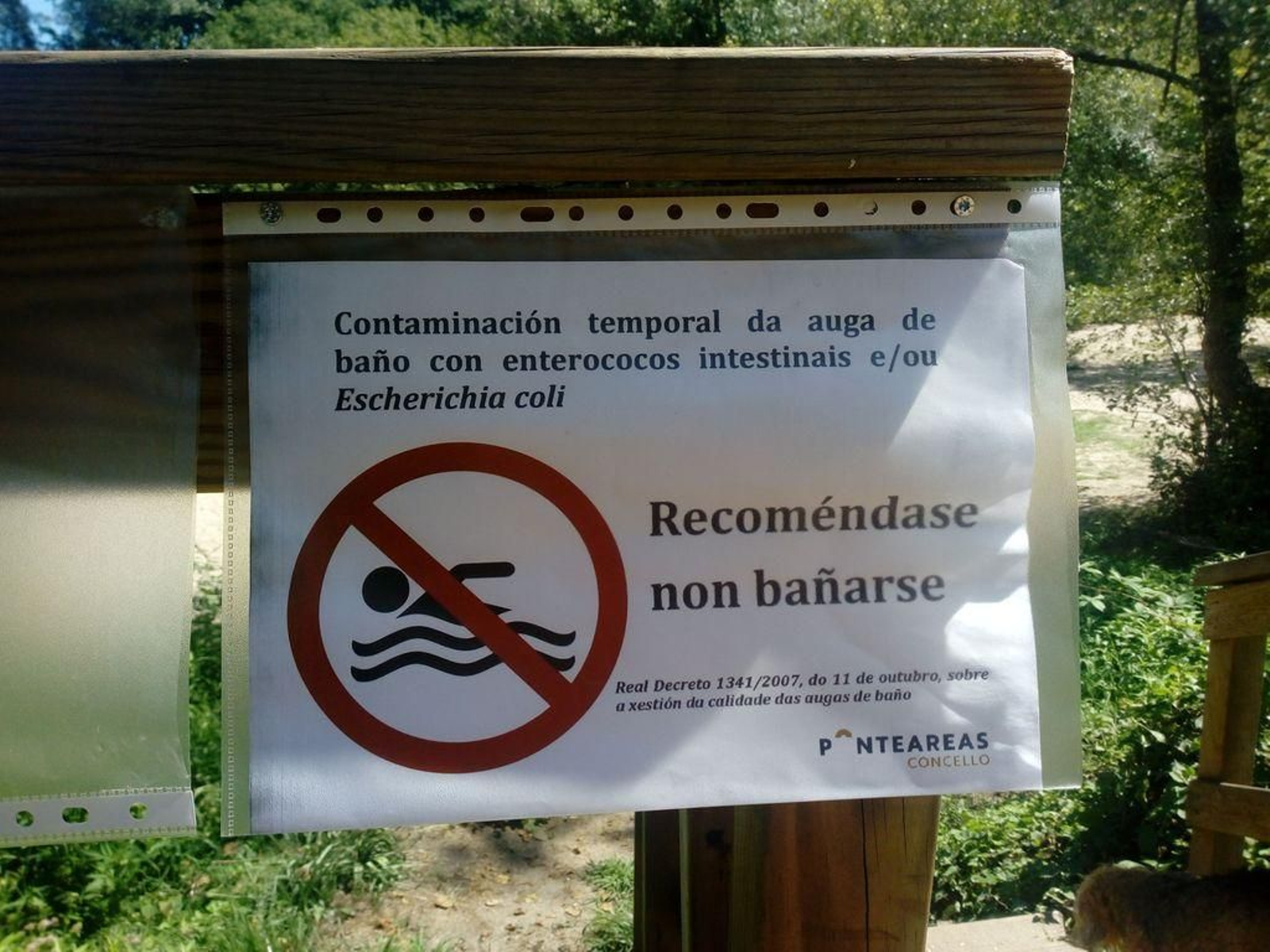 Cartel en el cual se informa de la recomendación de no bañarse.