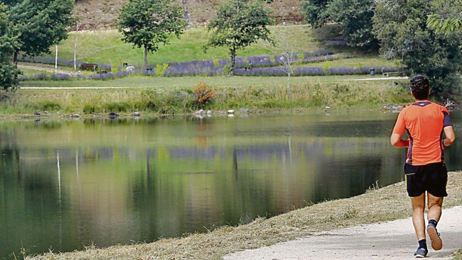 Un hombre corriendo por el sendero del embalse de Cachamuíña, en Pereiro de Aguiar. (FOTO: MARCOS ATRIO).