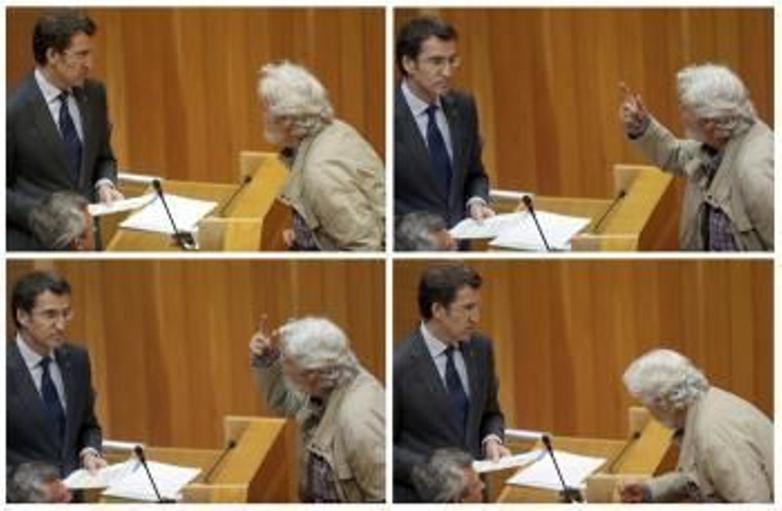 El portavoz de AGE, Xosé Manuel Beiras, se encara con el presidente de la Xunta y del grupo popular, Alberto Núñez Feijóo.