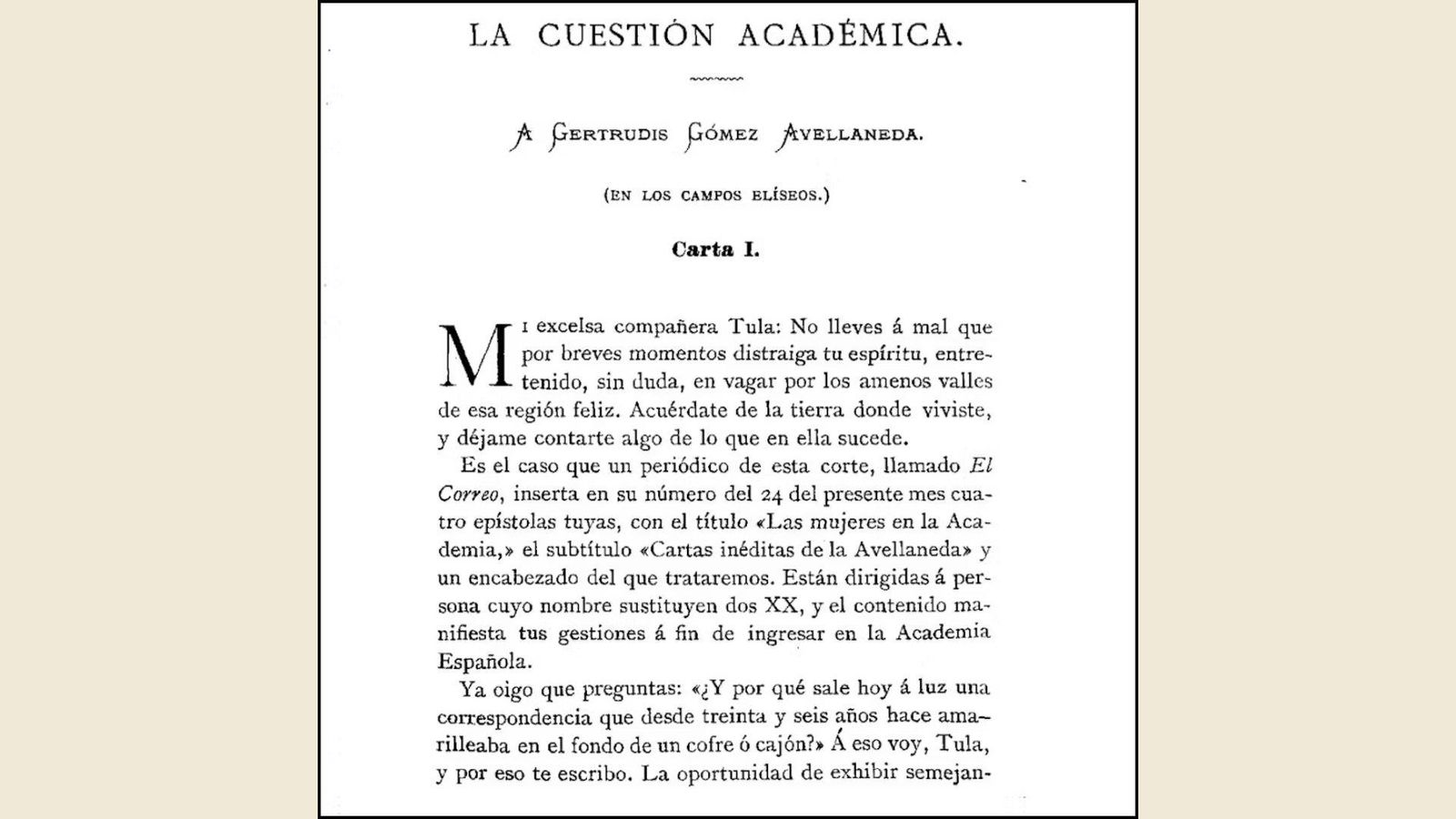 Fragmento de ‘La cuestión académica. A Gertrudis Gómez de Avellaneda (en los Campos Elíseos)’, de Emilia Pardo Bazán en La España Moderna 21889, pág. 172.