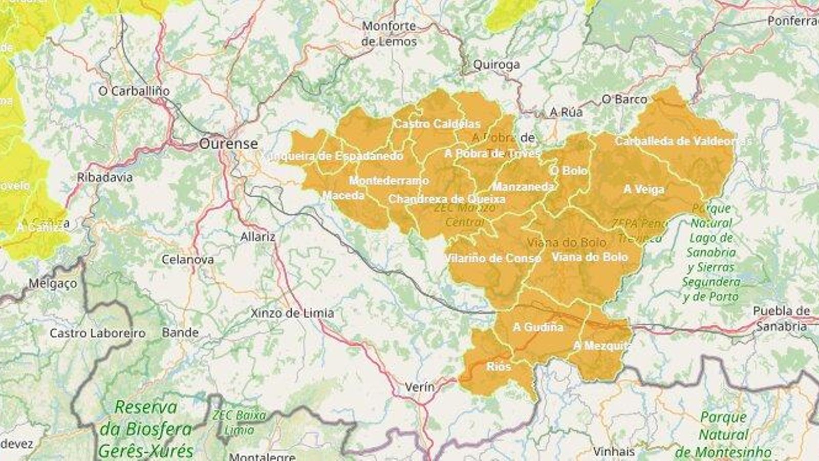 Zonas de la provincia de Ourense en aviso naranja por vientos, este domingo. (Fuente: AXEGA)