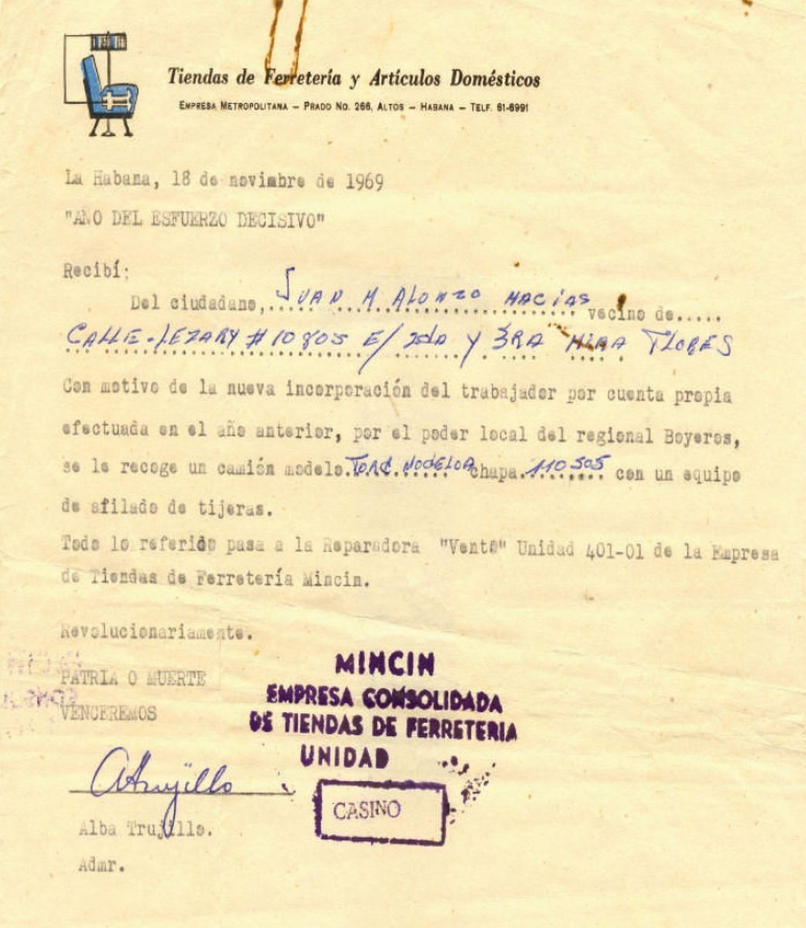 Documento de confiscación do camión-taller.