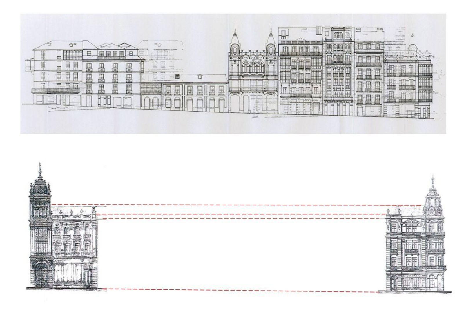 Alzados actuais da Av. de Pontevedra no PERI e proposta de Gulias (baseada en E. Fonseca).