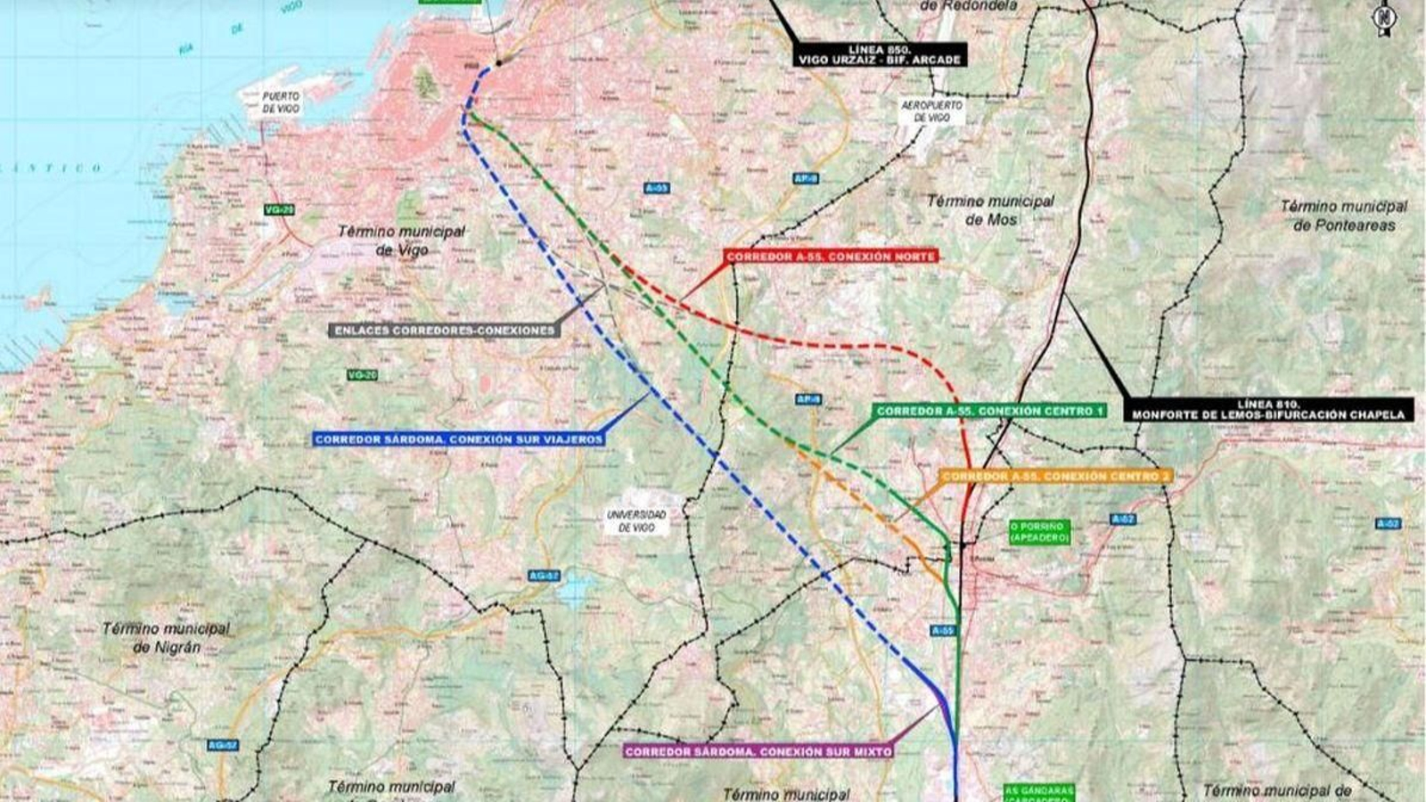 Los dos trazados propuestos para la salida sur Vigo-Porriño, aún a estudio.