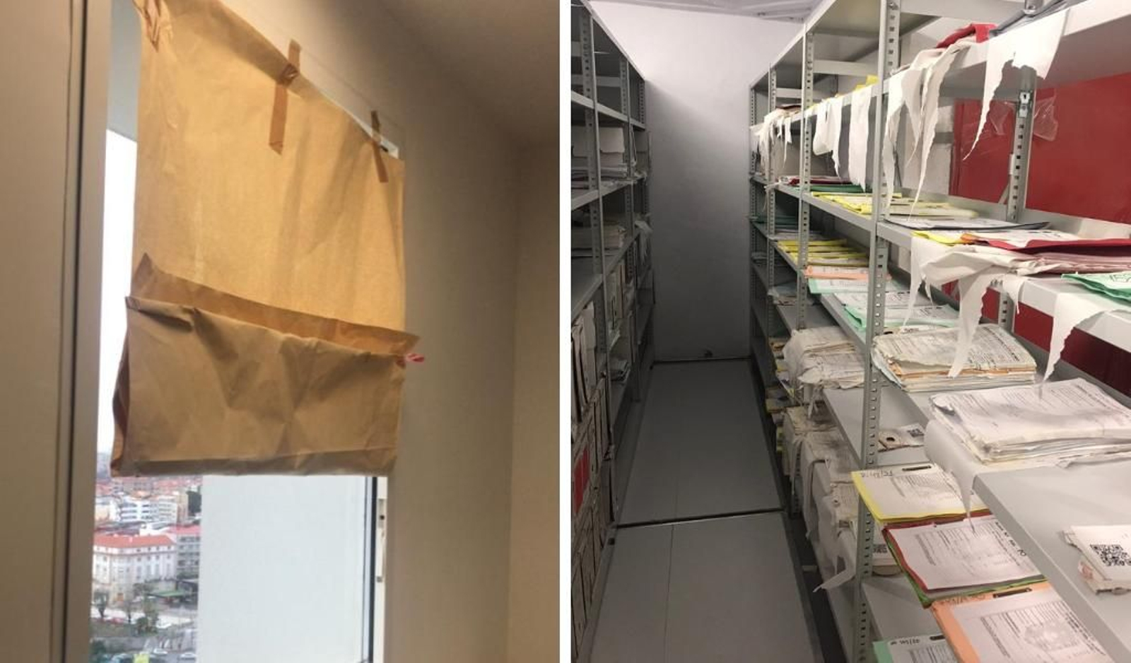 Imagen del papel de horno en las ventanas a modo de estor improvisado y el papel de manos en los expedientes mojados por las filtraciones de agua.