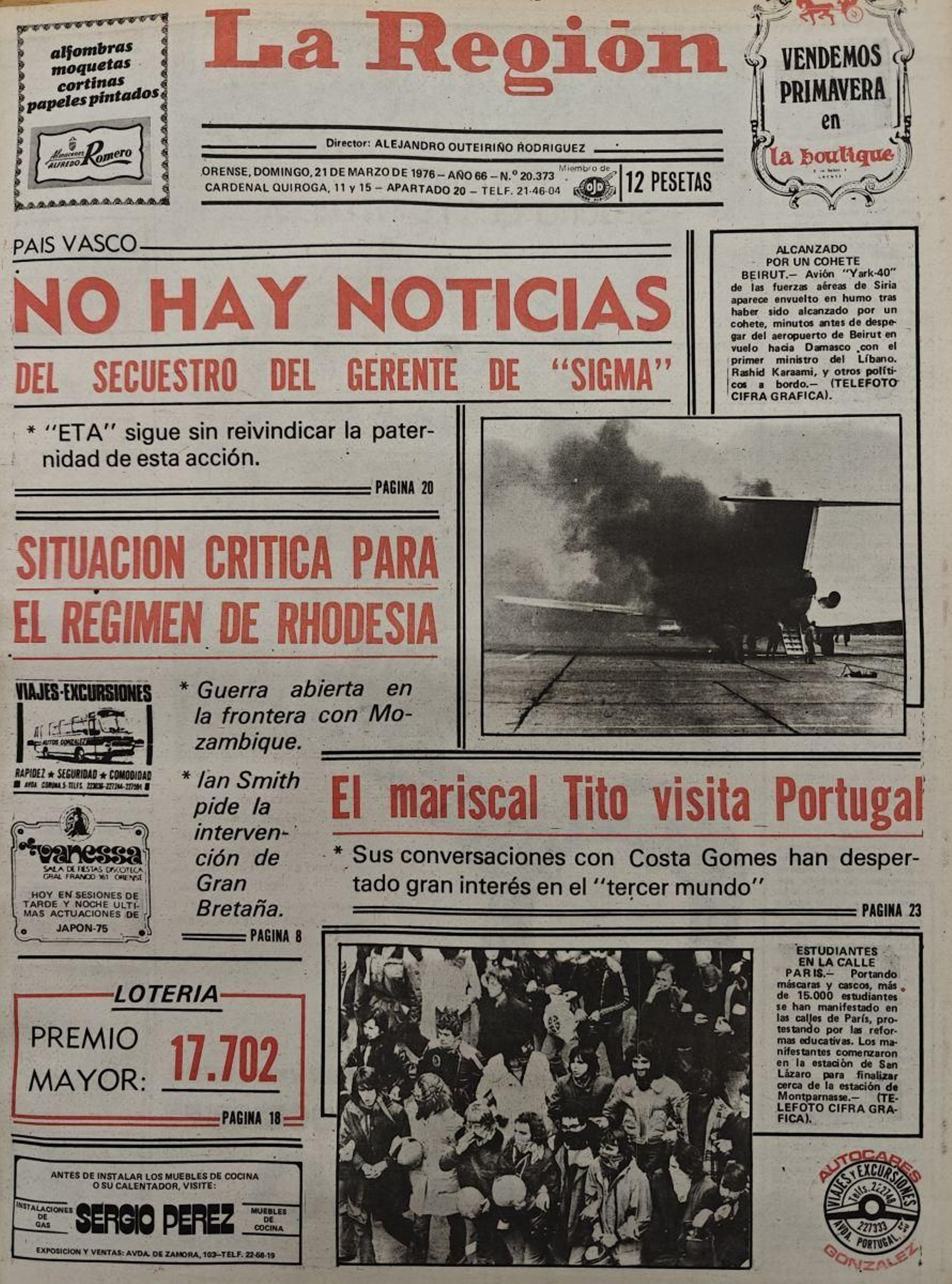 La portada de La Región el sábado 21 de marzo de 1976.