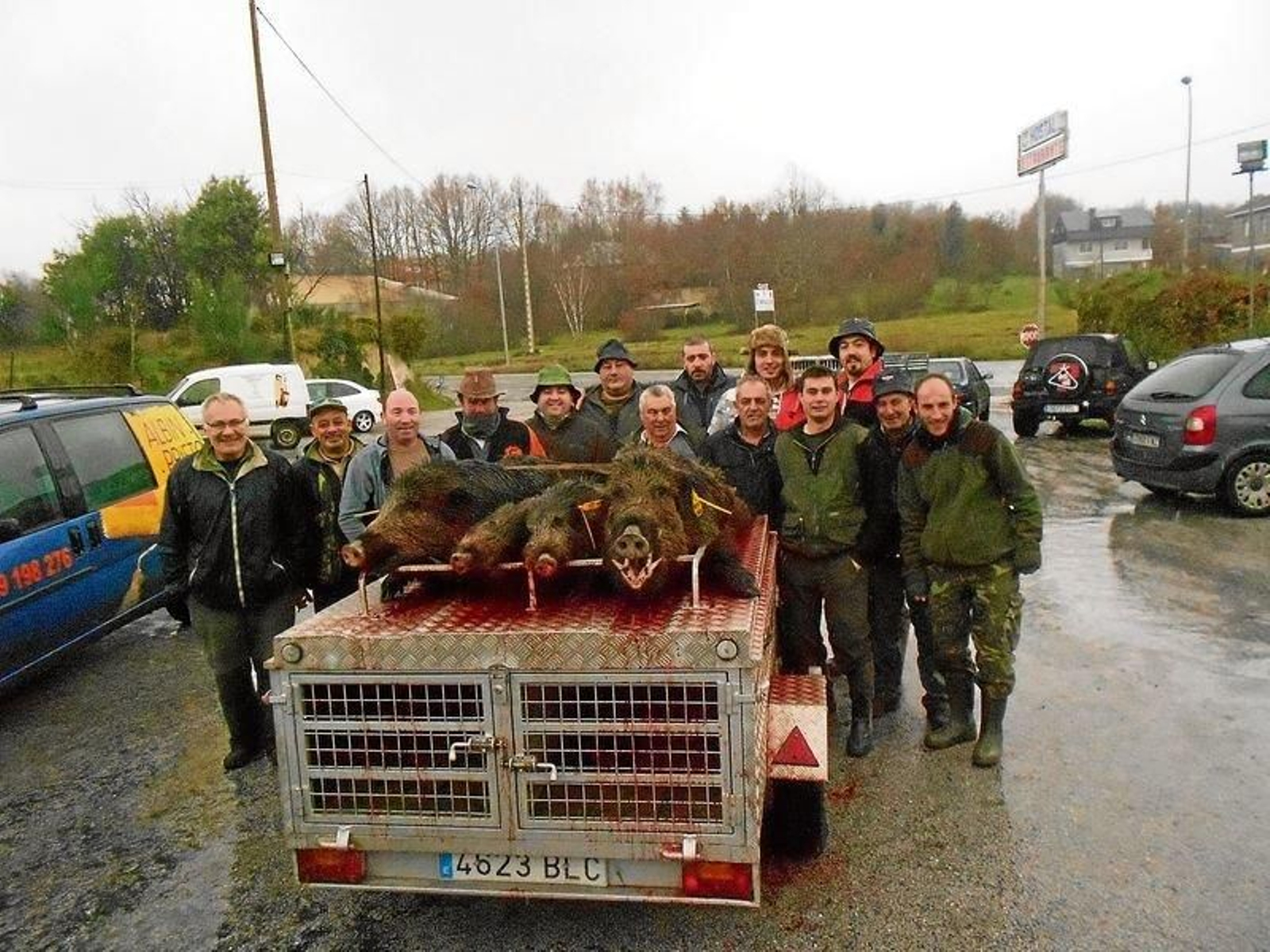 Un grupo de cazadores de Allariz muestra los cuatro jabalíes cobrados en una batida en enero de 2013.