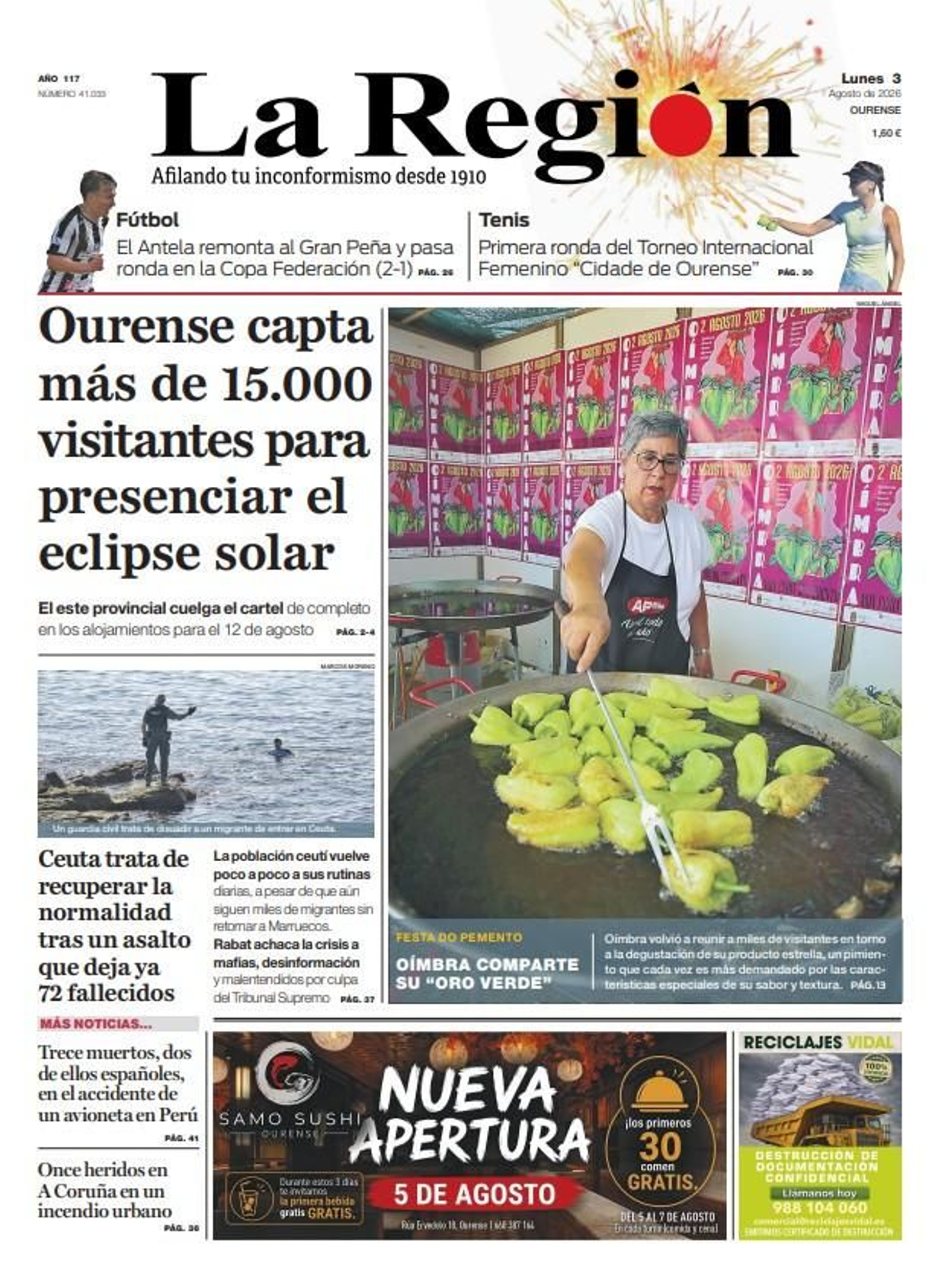 La portada de La Región de este lunes, 3 de agosto.