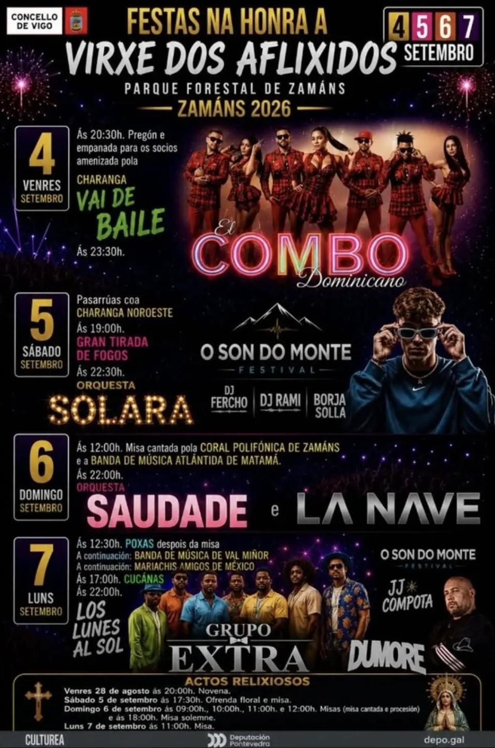Cartel de las fiestas de la Virxe dos Aflixidos de Zamáns 2026.