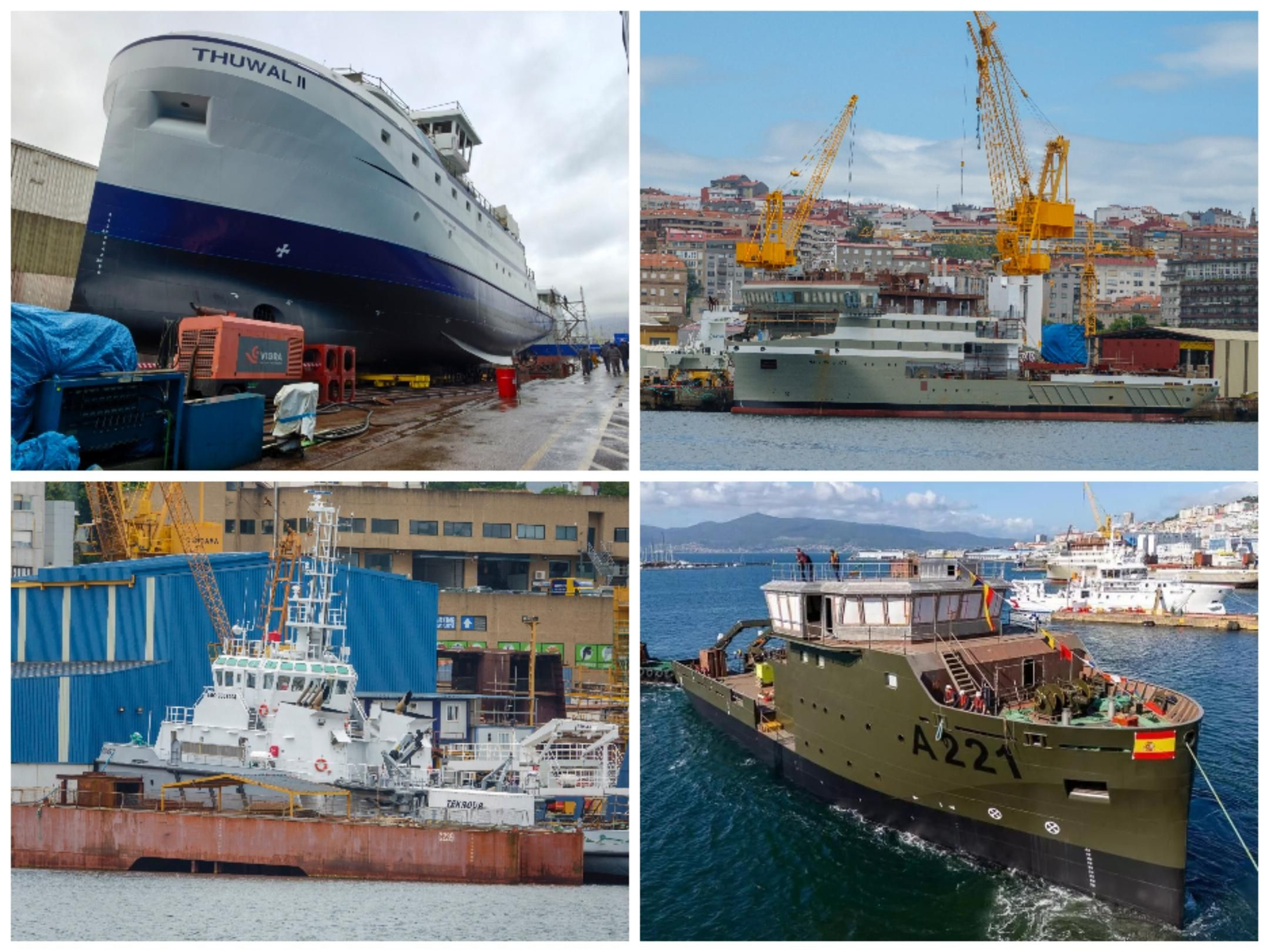 Oceanográfico de Freire para Emiratos Árabes, ferri de Ría de Vigo para la Polinesia Francesa, multipropósito de Cardama para Senegal y buque militar de Armón para Suecia.