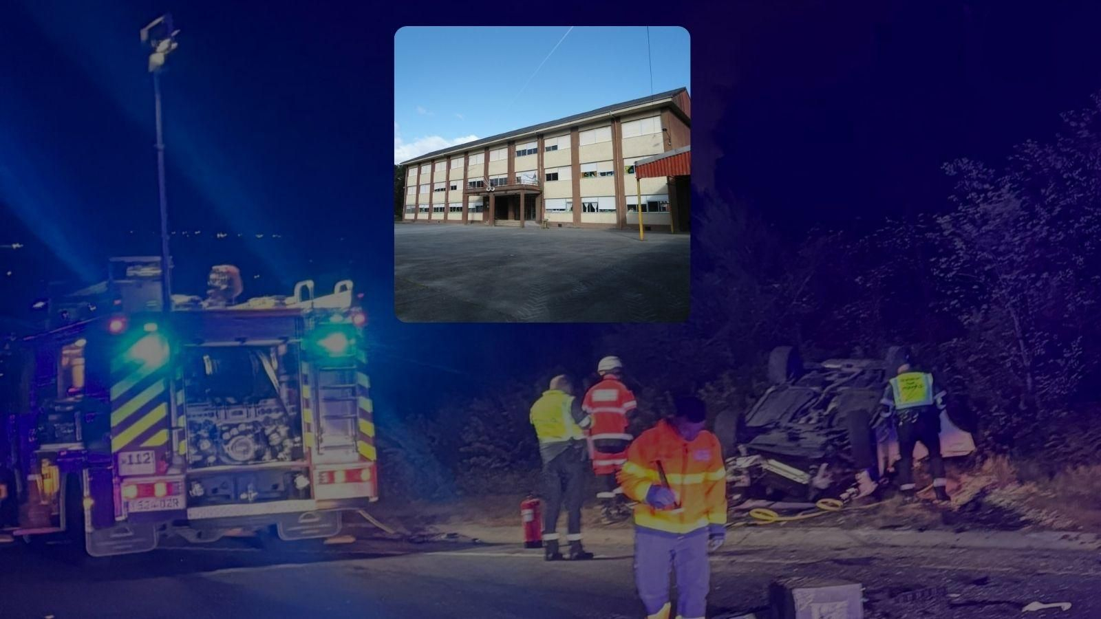 Imagen del accidente mortal y del colegio donde trabajaba hasta hace pocas semanas la víctima.
