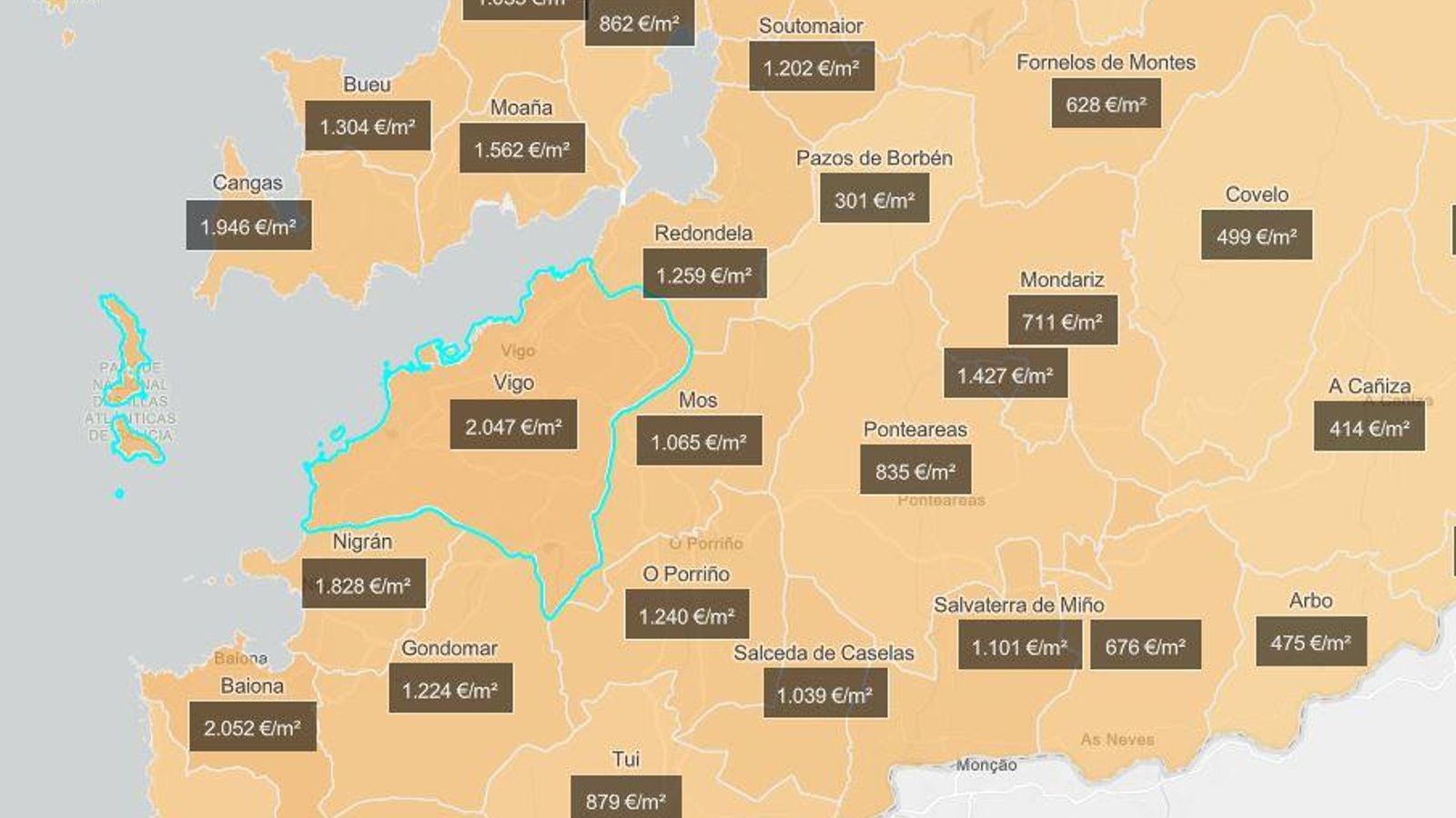 Precios medios por ayuntamientos en Vigo y su área