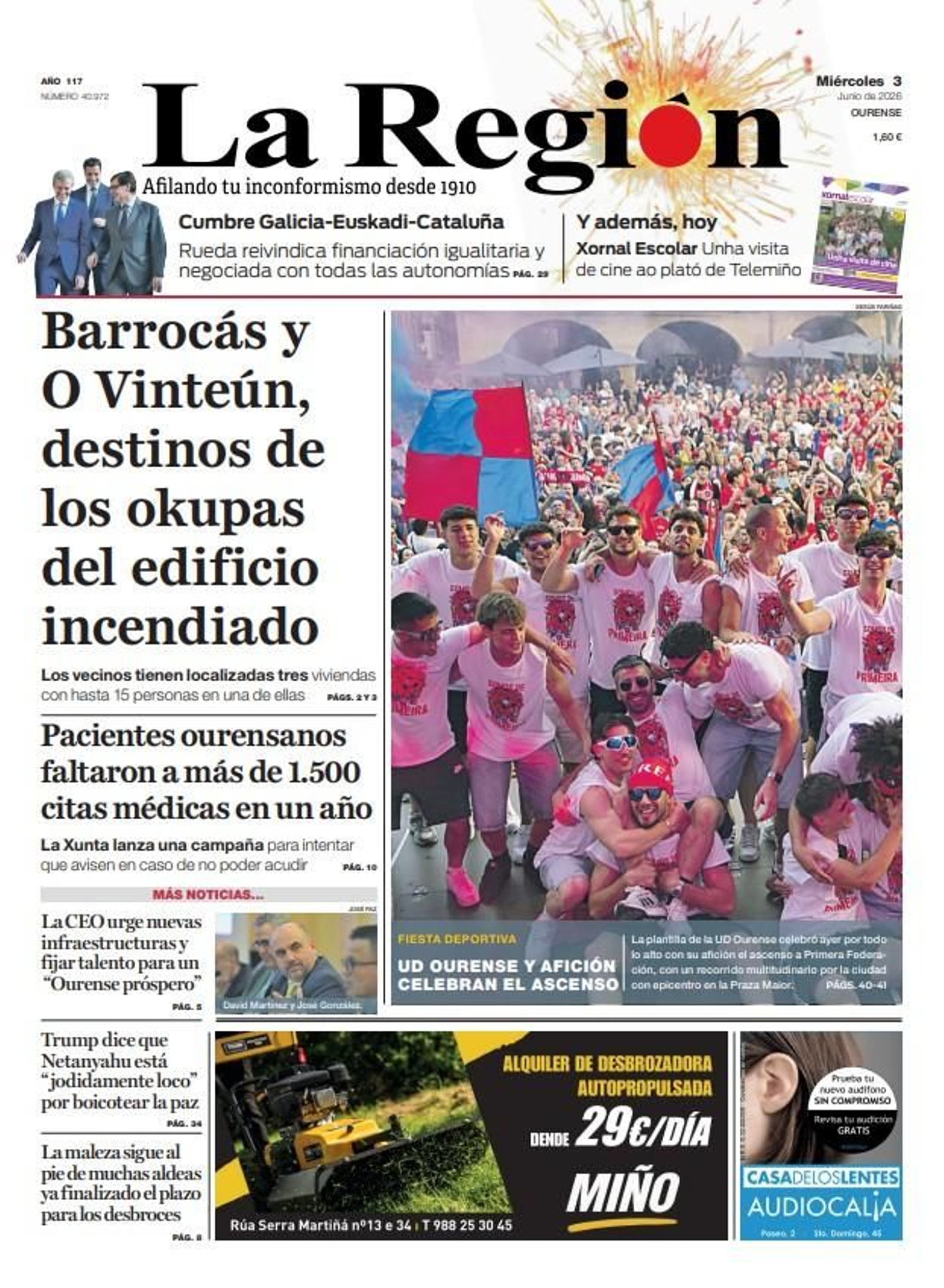 La portada de La Región de este miércoles, 3 de junio.