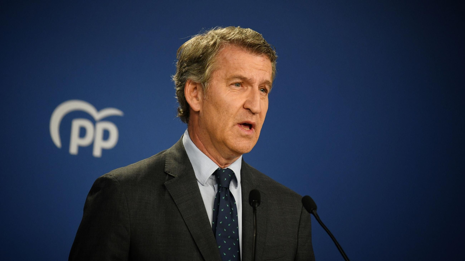 El presidente del Partido Popular, Alberto Núñez Feijóo, durante una rueda de prensa, en la sede del PP en Génova