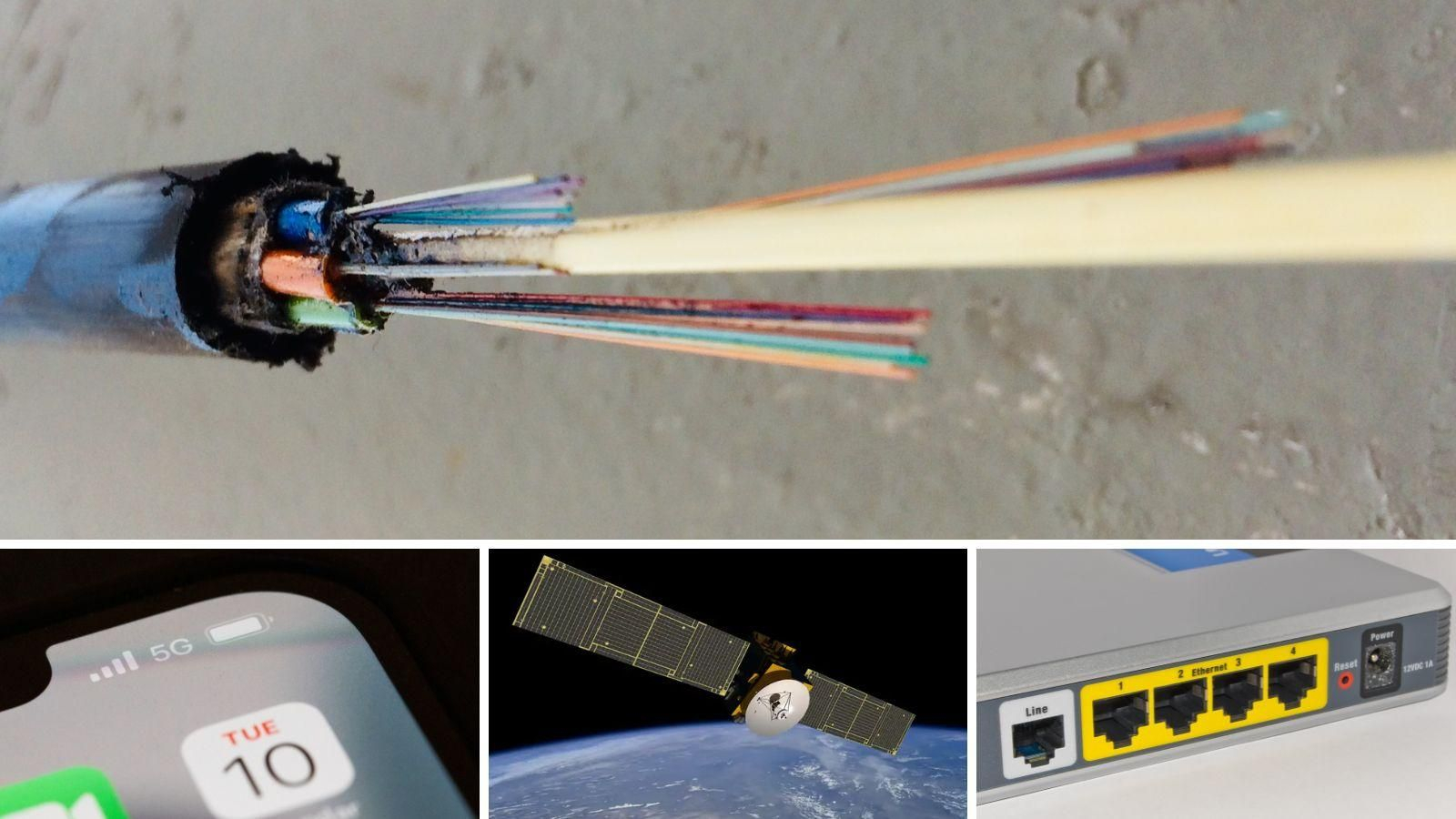 Diferentes conexiones por satélite: firba óptica, 5G, satélite y ADLS
