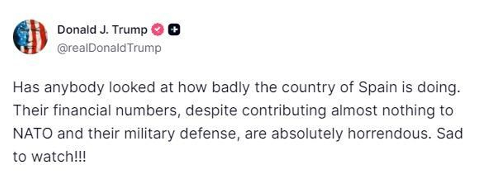 Posteo de Donald Trump criticando España.