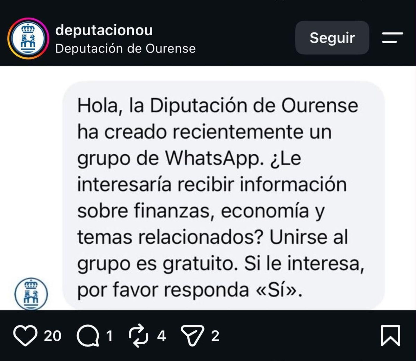 Supuesto mensaje enviado por la Diputación.