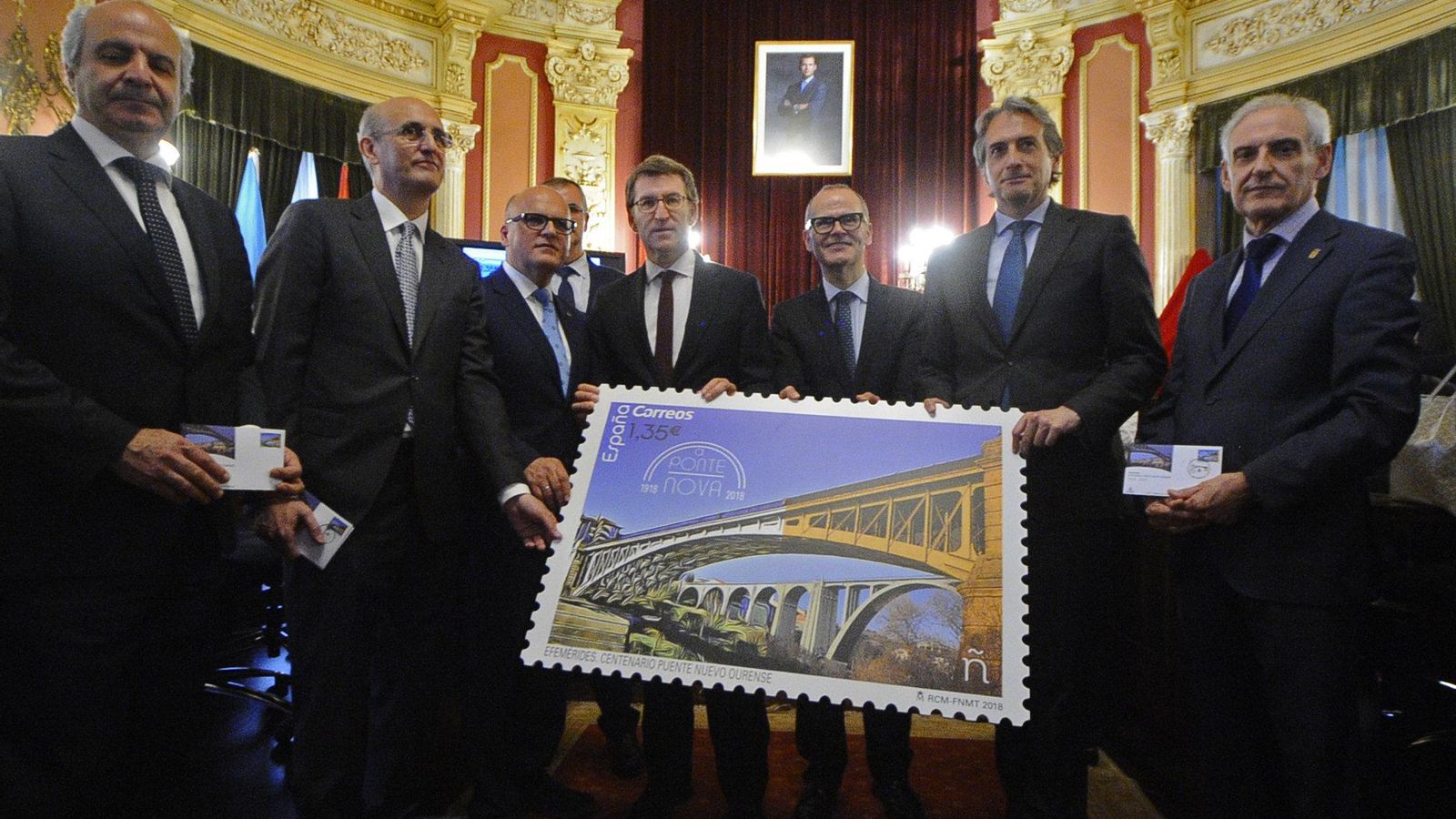 Ourense 7/5/18Presentación del nuevo sello de correos con el motivo de A Ponte nova en el salón de plenos del concello de OurenseModesto Fraguas,,J.Manuel Baltar,Santiago Villanueva,Íñigo de la Serna,Jesús Vázquez,Alberto Núñez Feijóo,Roberto castroFotos Martiño Pinal