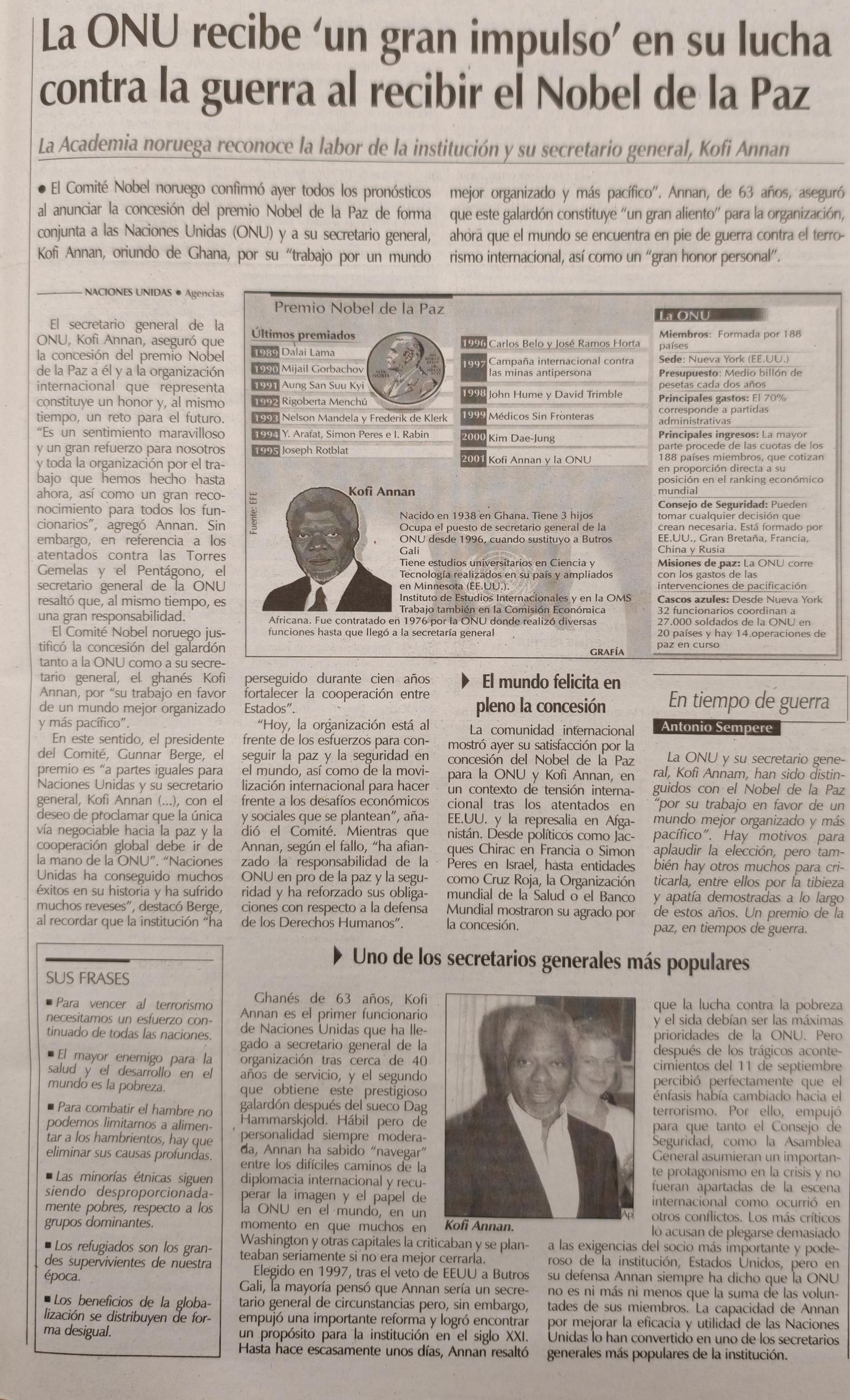 Nobel de la Paz para la ONU y Kofi Annan
