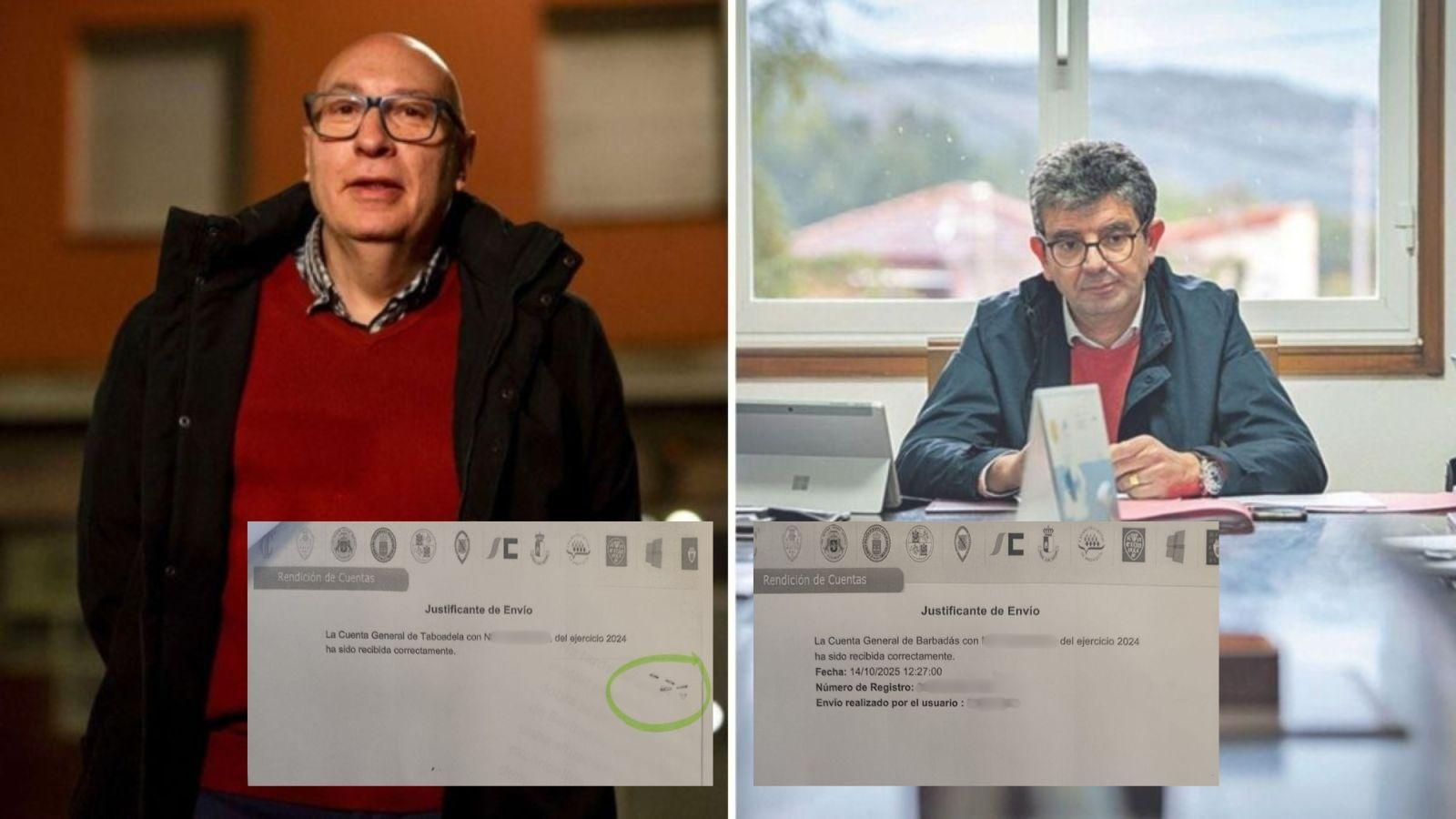 Alcalde de Barbadás, el exsocialista Xosé Carlos Valcárcel y el alcalde de Taboadela y líder del PSOE, Álvaro Vila, con el justificante de las cuentas de Barbadás, con fecha y hora y el justificante que Barbadás dice haber recibido de Tabodela.