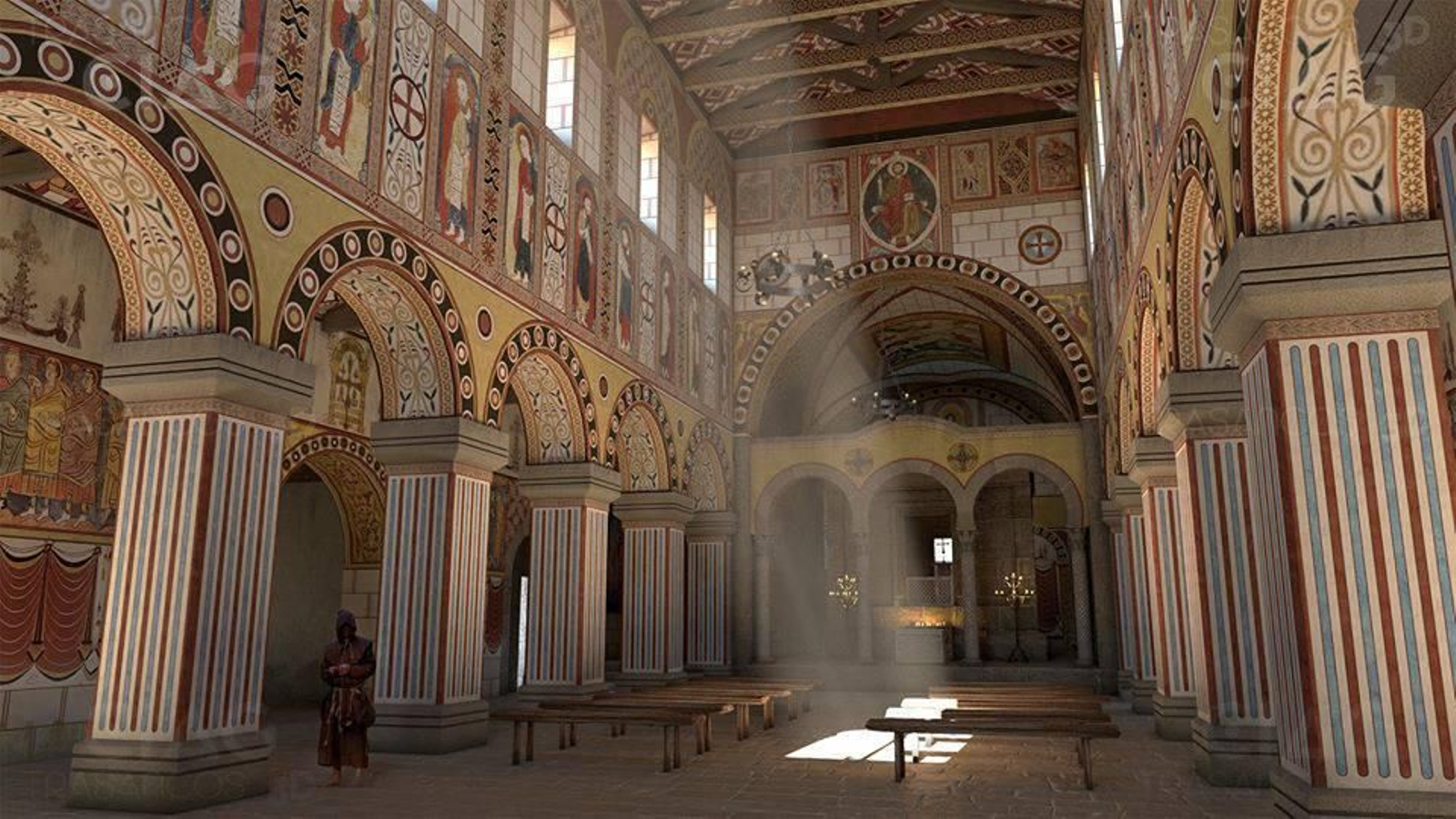 Reconstrucción del interior de la basílica medieval pre-románica de Santiago de Compostela, en el siglo X. (Imagen: Trasancos 3D)