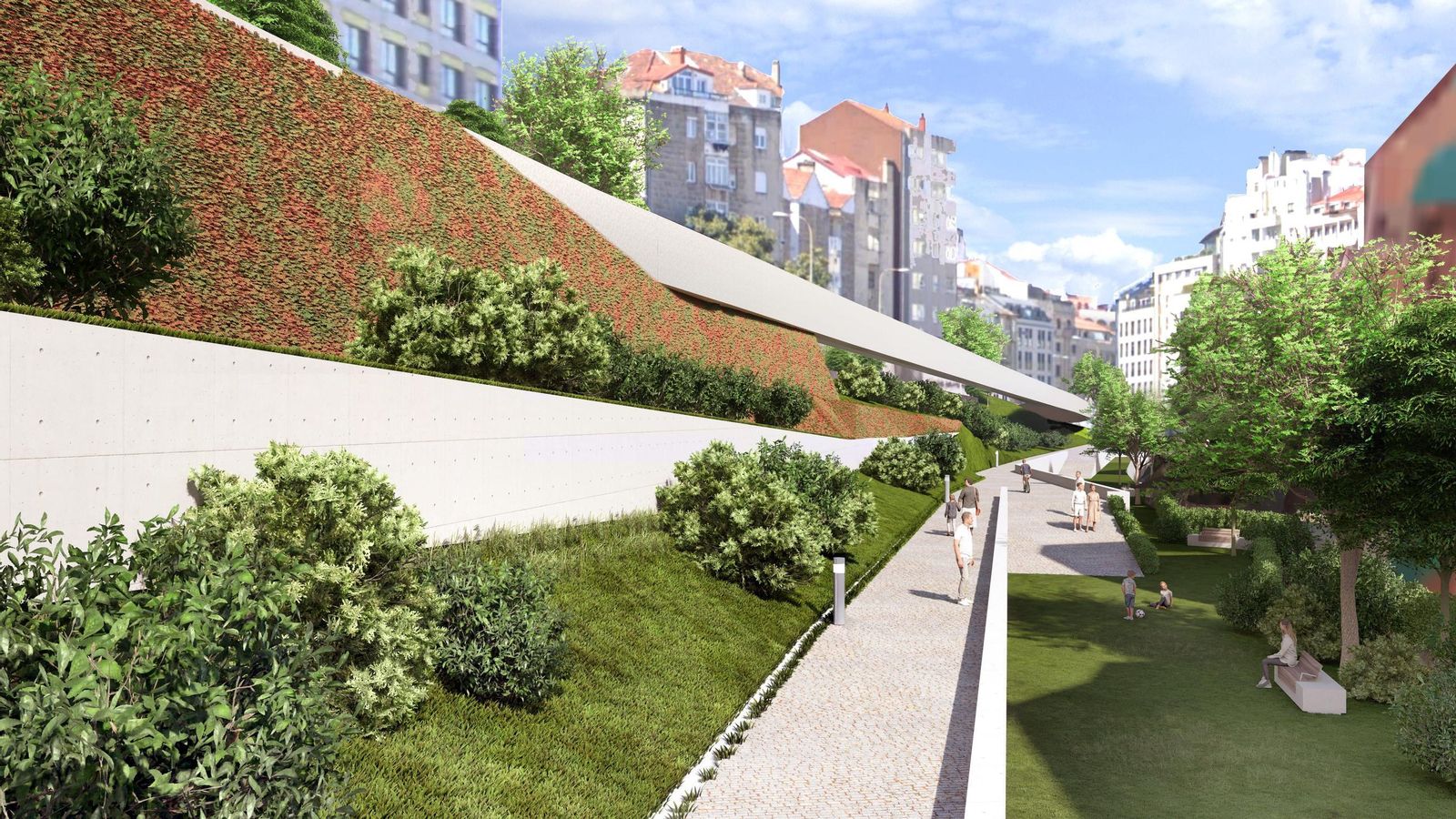 Una infografía que muestra el espacio junto a la autopista con el nuevo paseo peatonal.