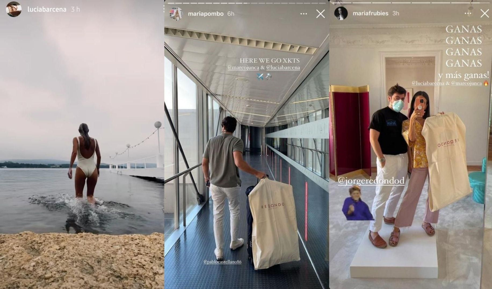 Lucía Bárcena, en una piscina del Gran Hotel La Toja; María Pombo, aterrizando en Peinador; y María Fernández Rubíes.