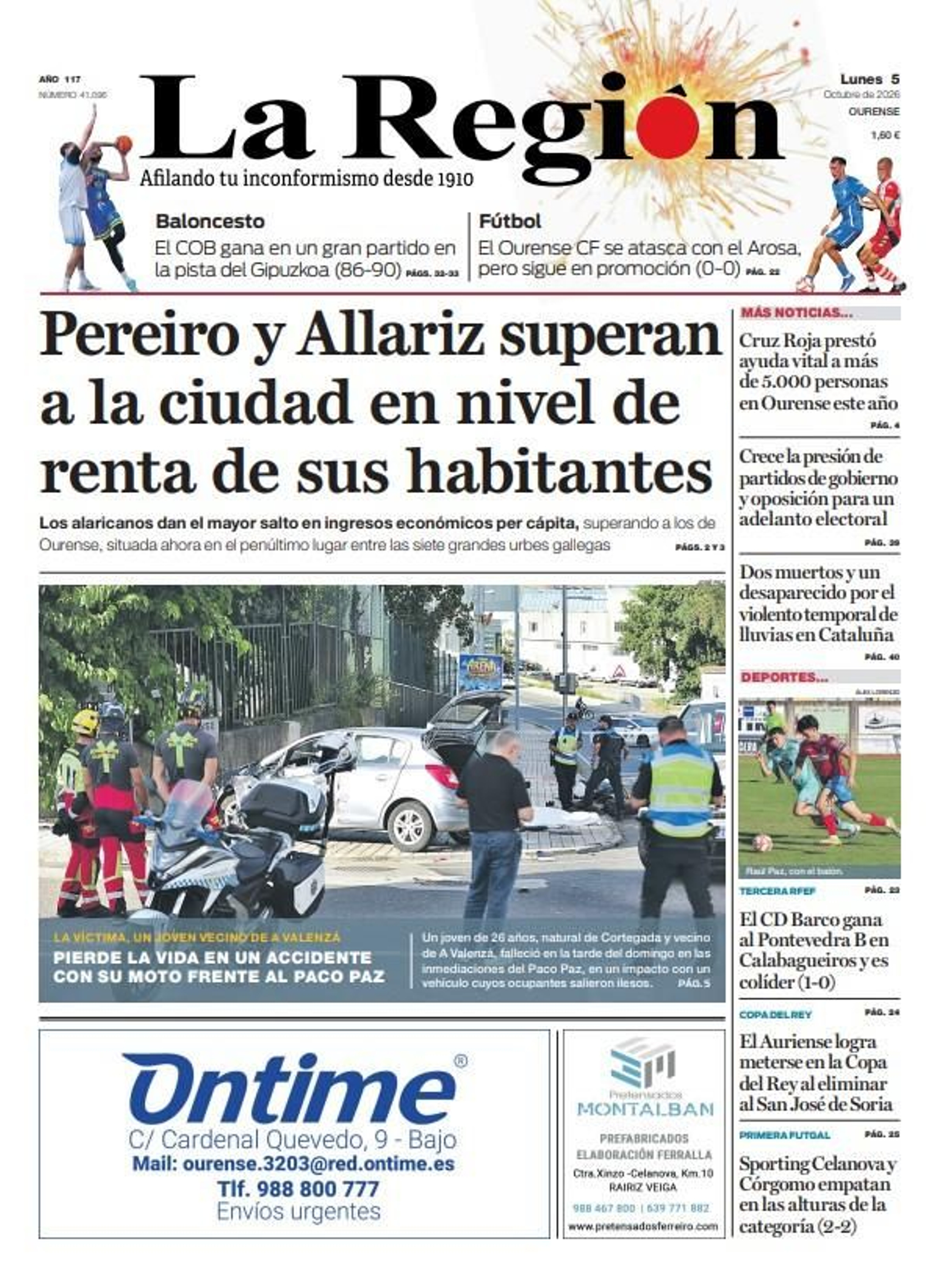 La portada de La Región de este lunes, 5 de octubre.