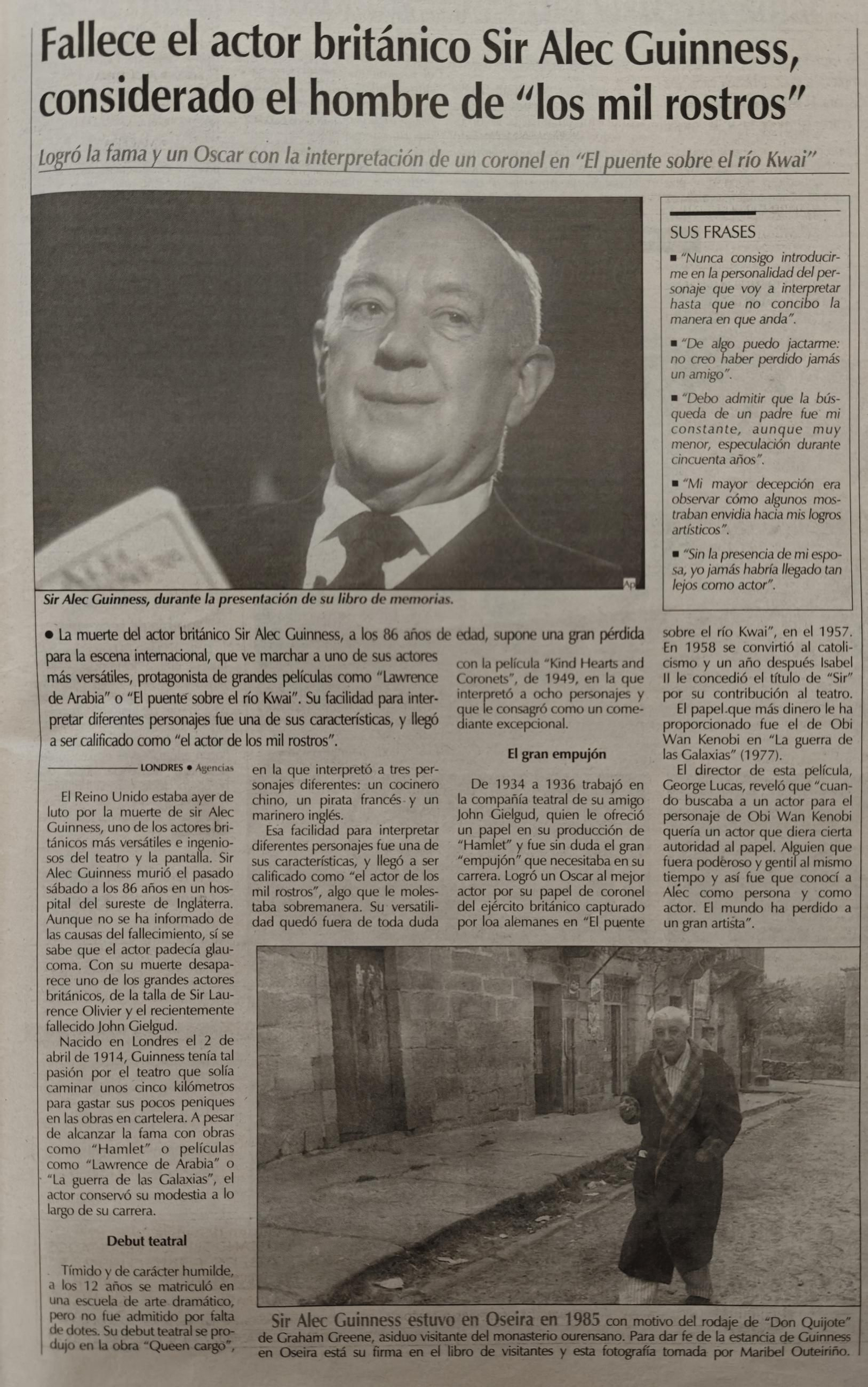 8 AGOSTO 2000, fallece el actor británico Sir Alec Guinness